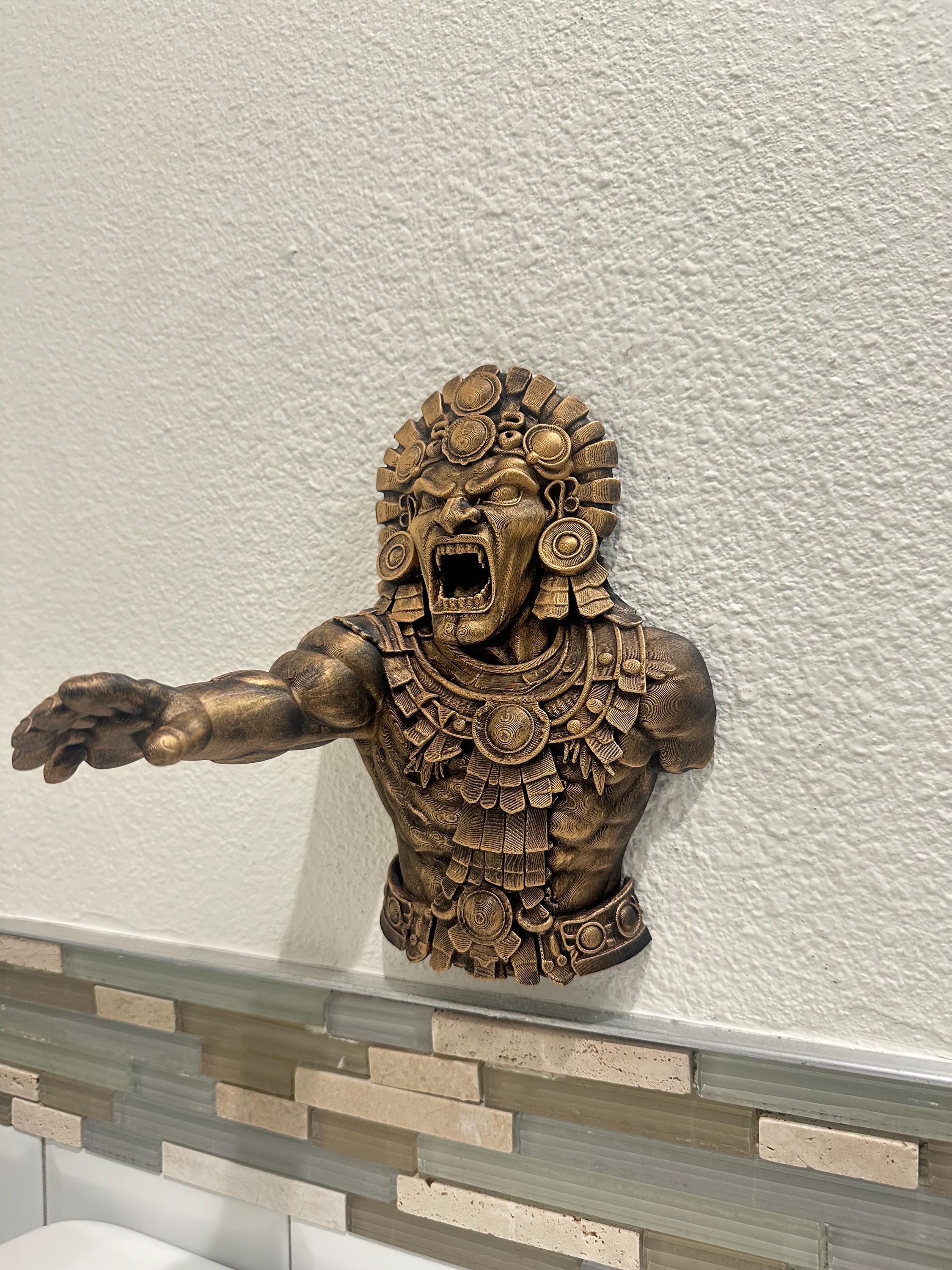Aztec Warrior Hand Towel Holder - Mayan Tribal Wall Decor - Sculptural Bathroom Hand Towel Hook - Hand Painted Antique Gold Ancient Accent