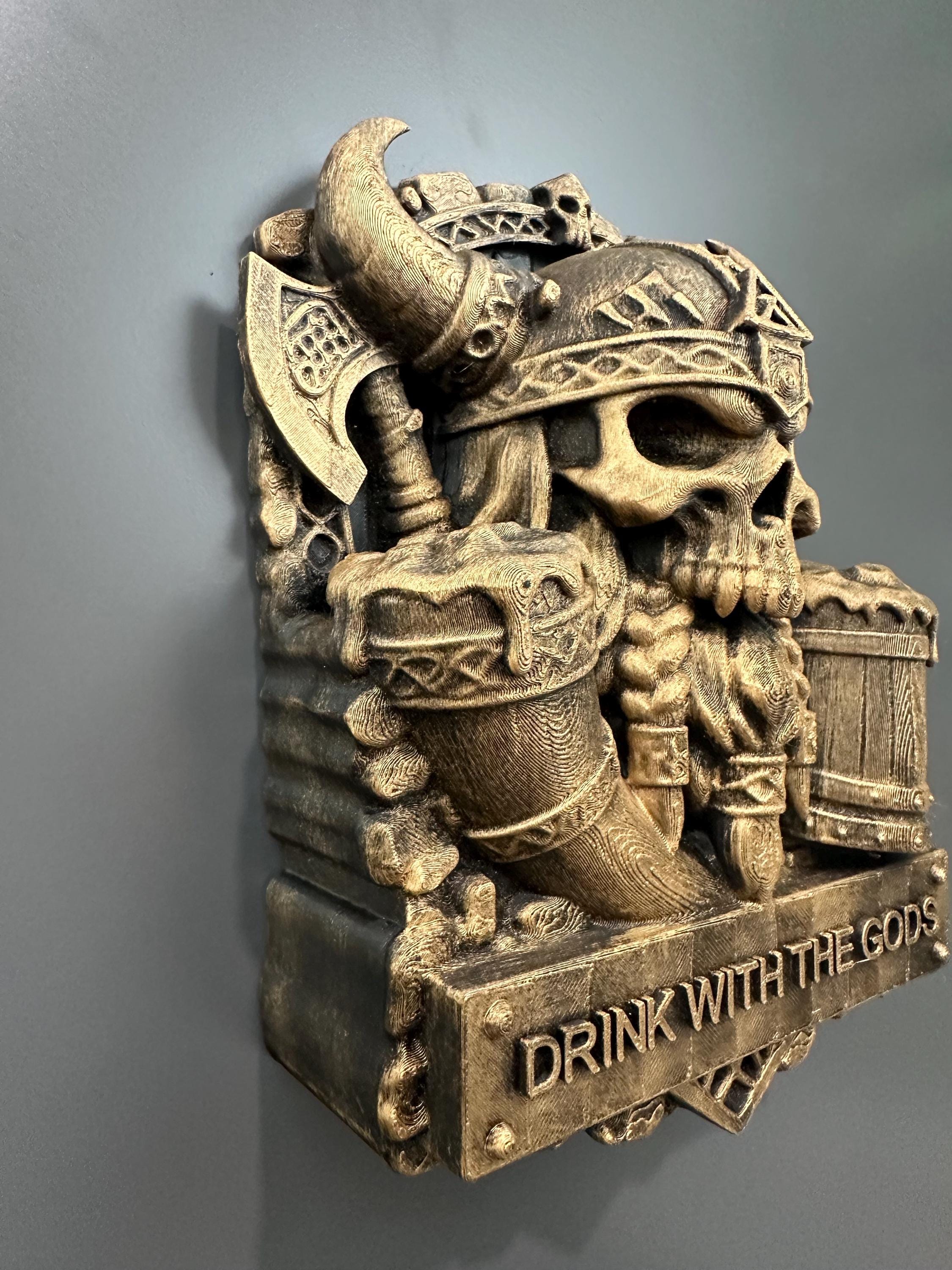 Viking Skull Wall Decor - Drink With the Gods Plaque - Norse Bar Wall Art - Gothic Man Cave Decor - Rustic Mead Hall Sign Hand Painted 9”
