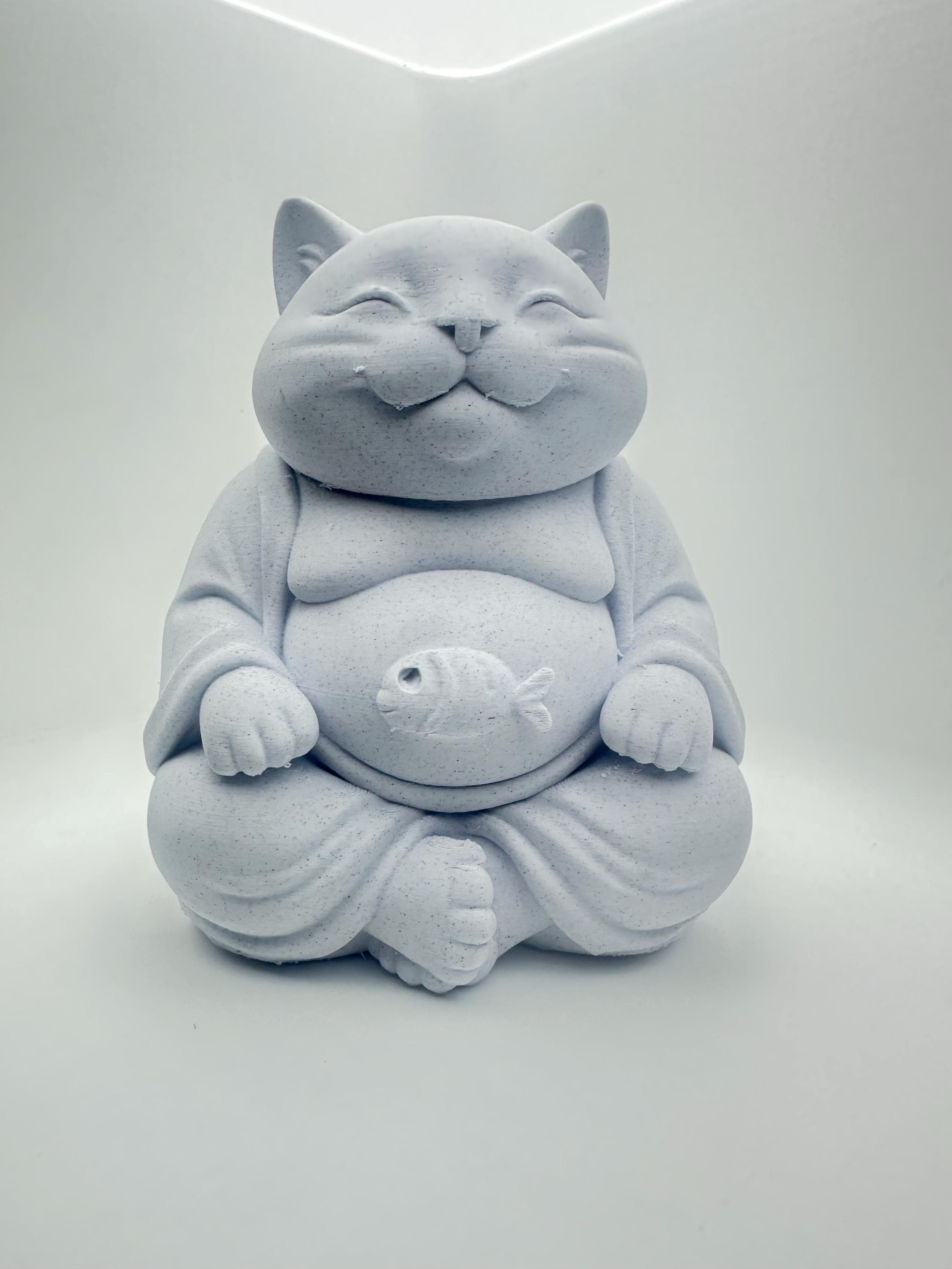 Lucky Cat Buddha Statue 6” Smiling Cat Figurine with Fish Belly - Zen Decor Prosperity Good Luck Collectible Gift Garden Home Desk Decor 3d