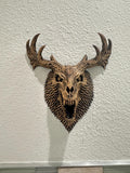 Wendigo Skull Wall Mount - Gothic Antler Horror Decor - Dark Fantasy Taxidermy Style Wall Art - Hand Painted Antique Gold Mythical Decor 9”