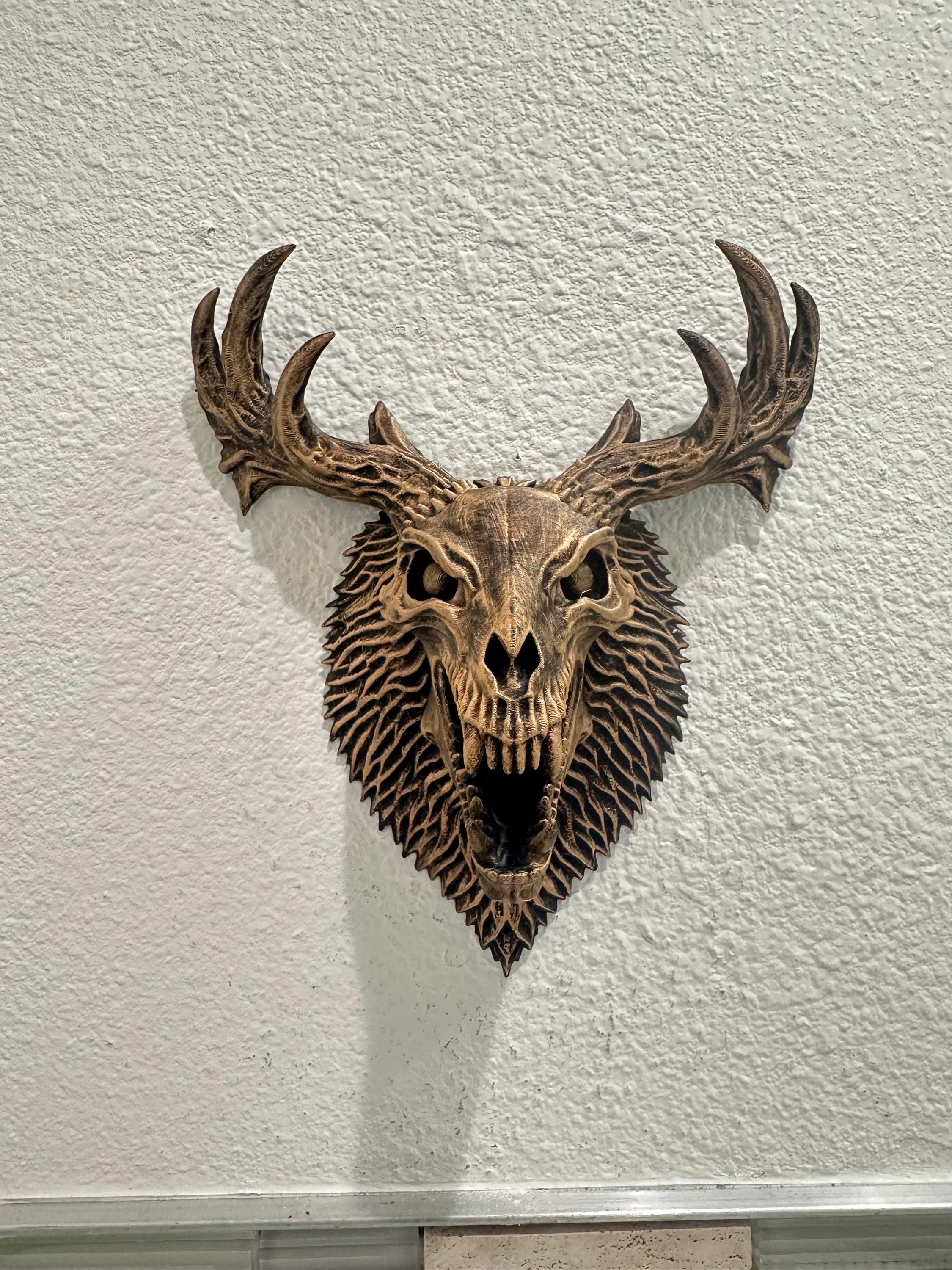 Wendigo Skull Wall Mount - Gothic Antler Horror Decor - Dark Fantasy Taxidermy Style Wall Art - Hand Painted Antique Gold Mythical Decor 9”