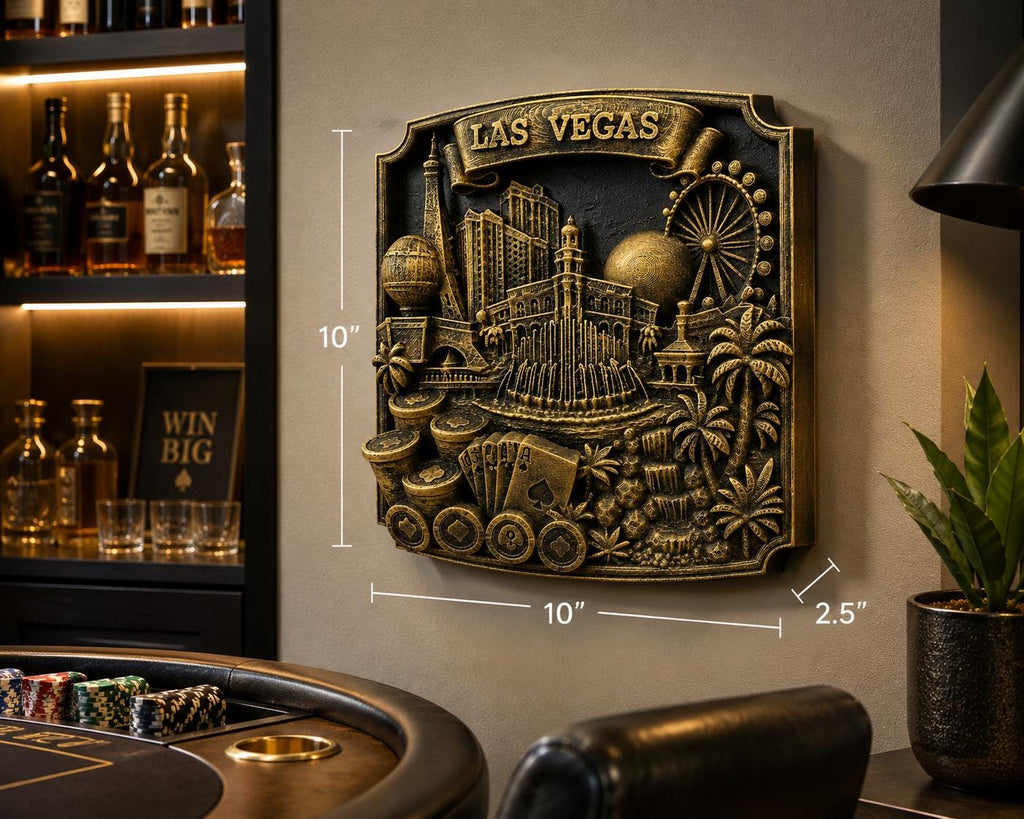 Las Vegas Wall Art Sculpture, Antique Gold Casino Decor, Poker Room Wall Plaque, Man Cave Bar Sign, Vegas Skyline Gift for Gamblers
