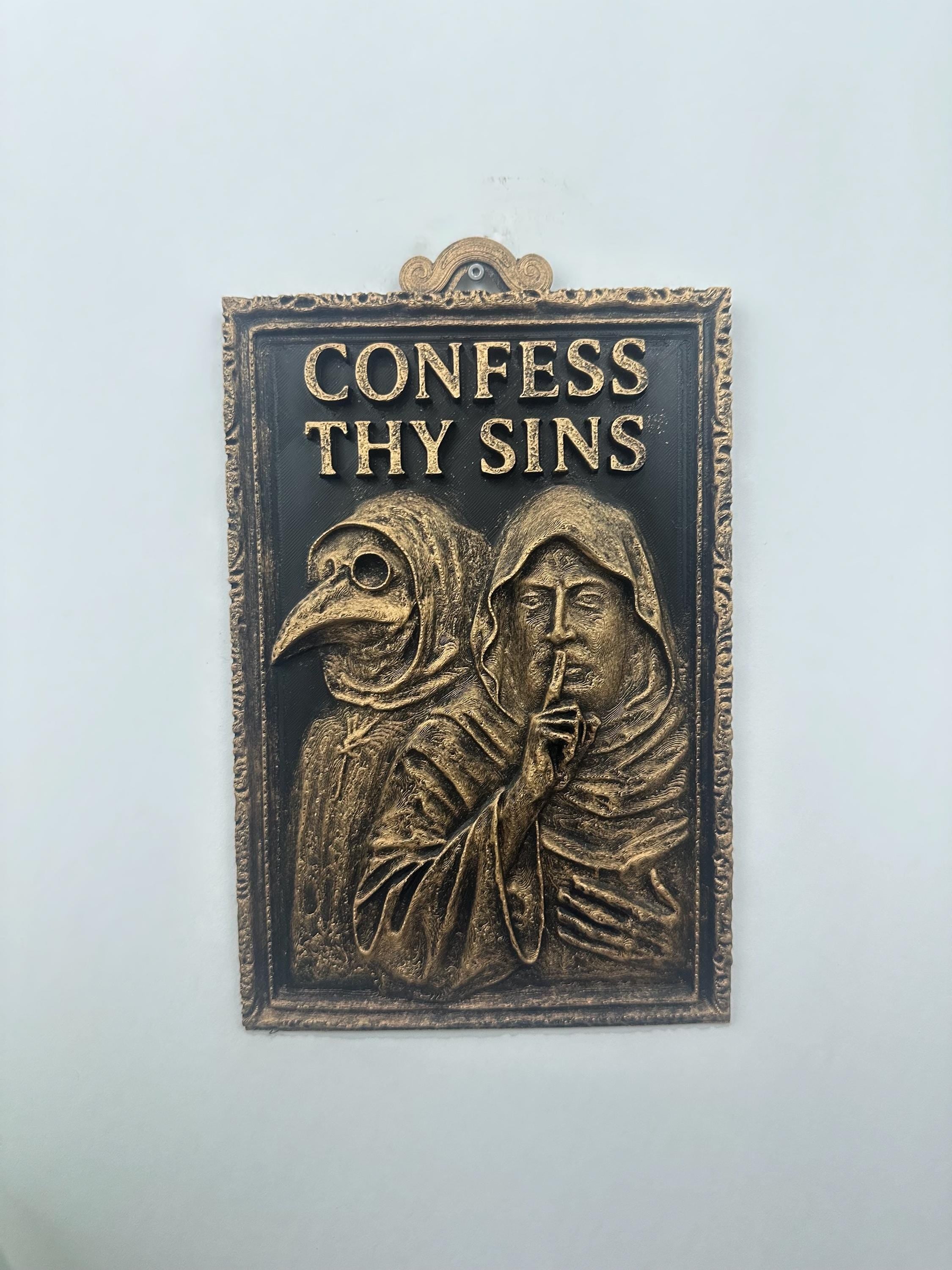 Confess Thy Sins Gothic Wall Art - Medieval Monk & Plague Doctor Decor - Dark Humor Bathroom Wall Sculpture - Whimsigoth 10x6 Hand Painted