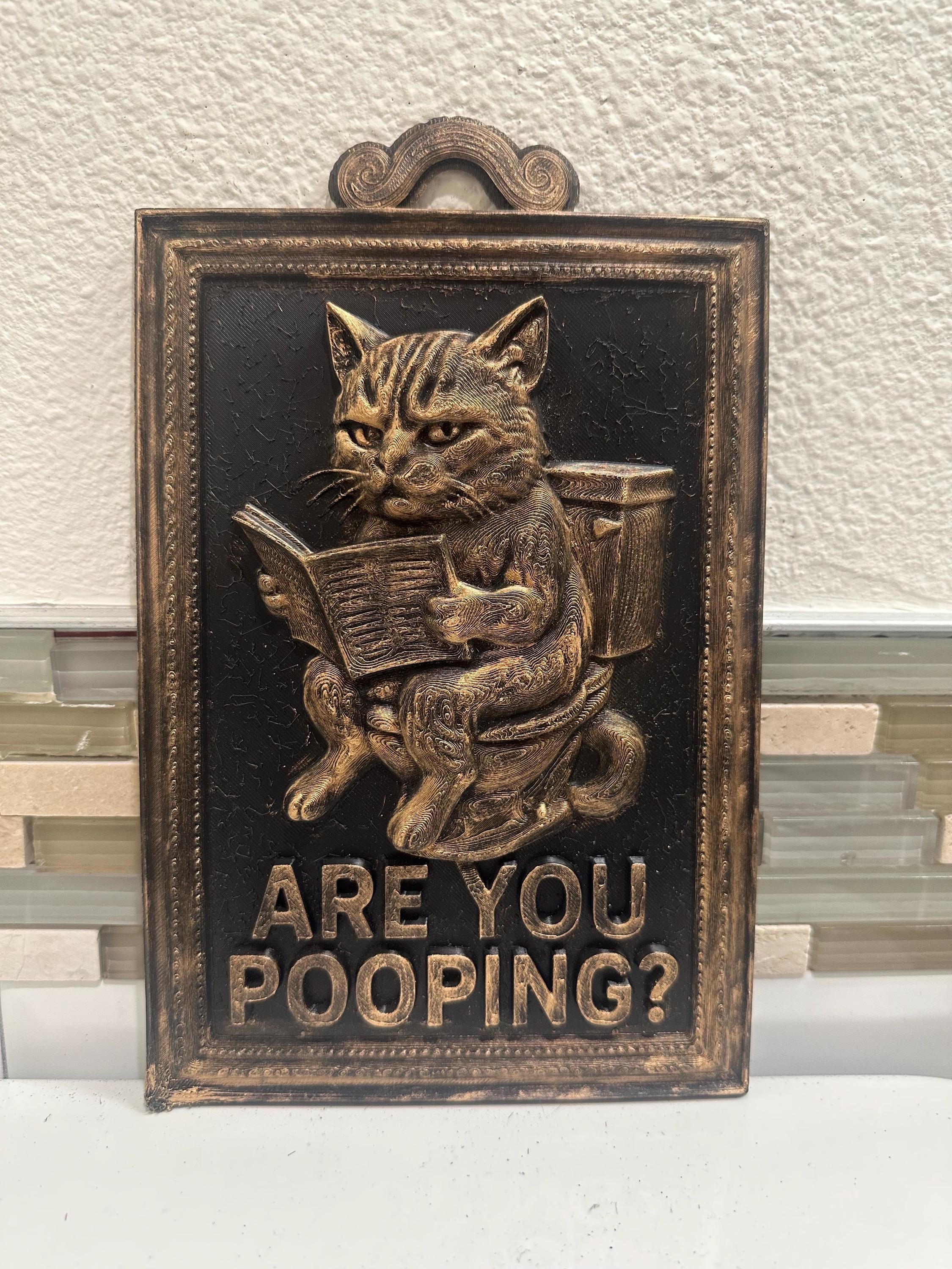 Hand Painted 9” x 6” Funny Are You Pooping Cat Newspaper Bathroom Sign Wall Art Home Decor 3D Hanging Humor Gift Vintage Sculpture Toilet