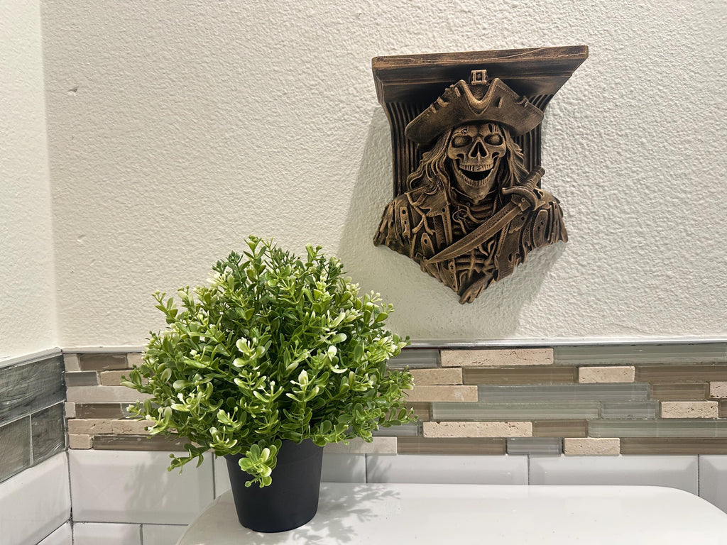 Ghost Pirate Wall Shelf - Haunted Skeleton Decor - Skill Buccaneer Nautical Gothic Wall Mount - Hand Painted Floating Shelf 8x7x4