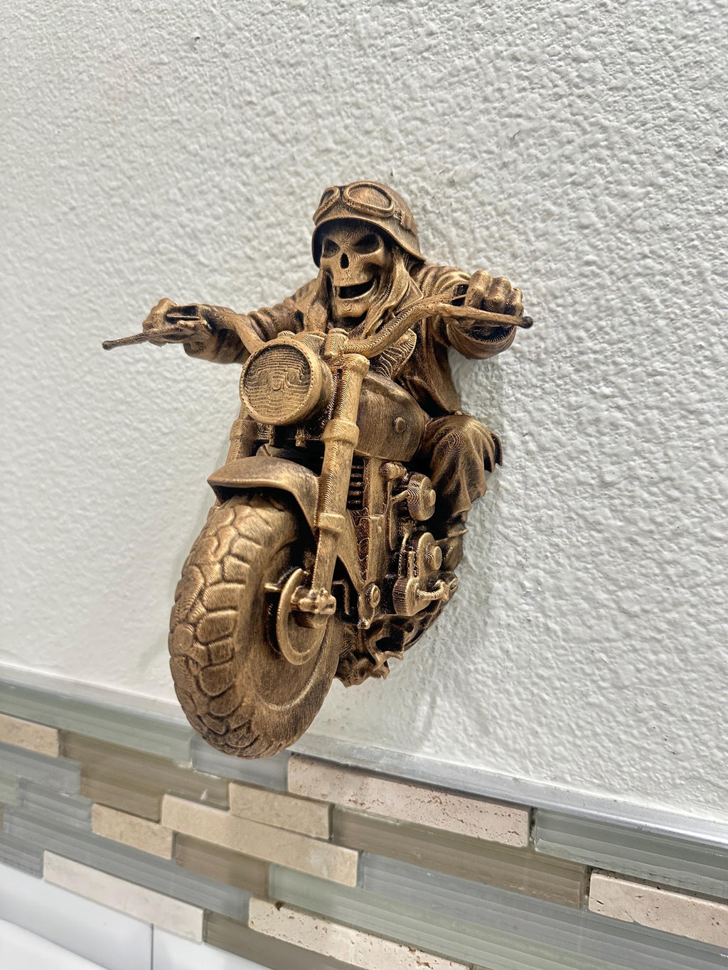 Grim Reaper Skeleton Biker Riding Motorcycle Wall Decor - Gothic Man Cave Garage Bar Wall Art - Biker Gift - Hand Painted 8”