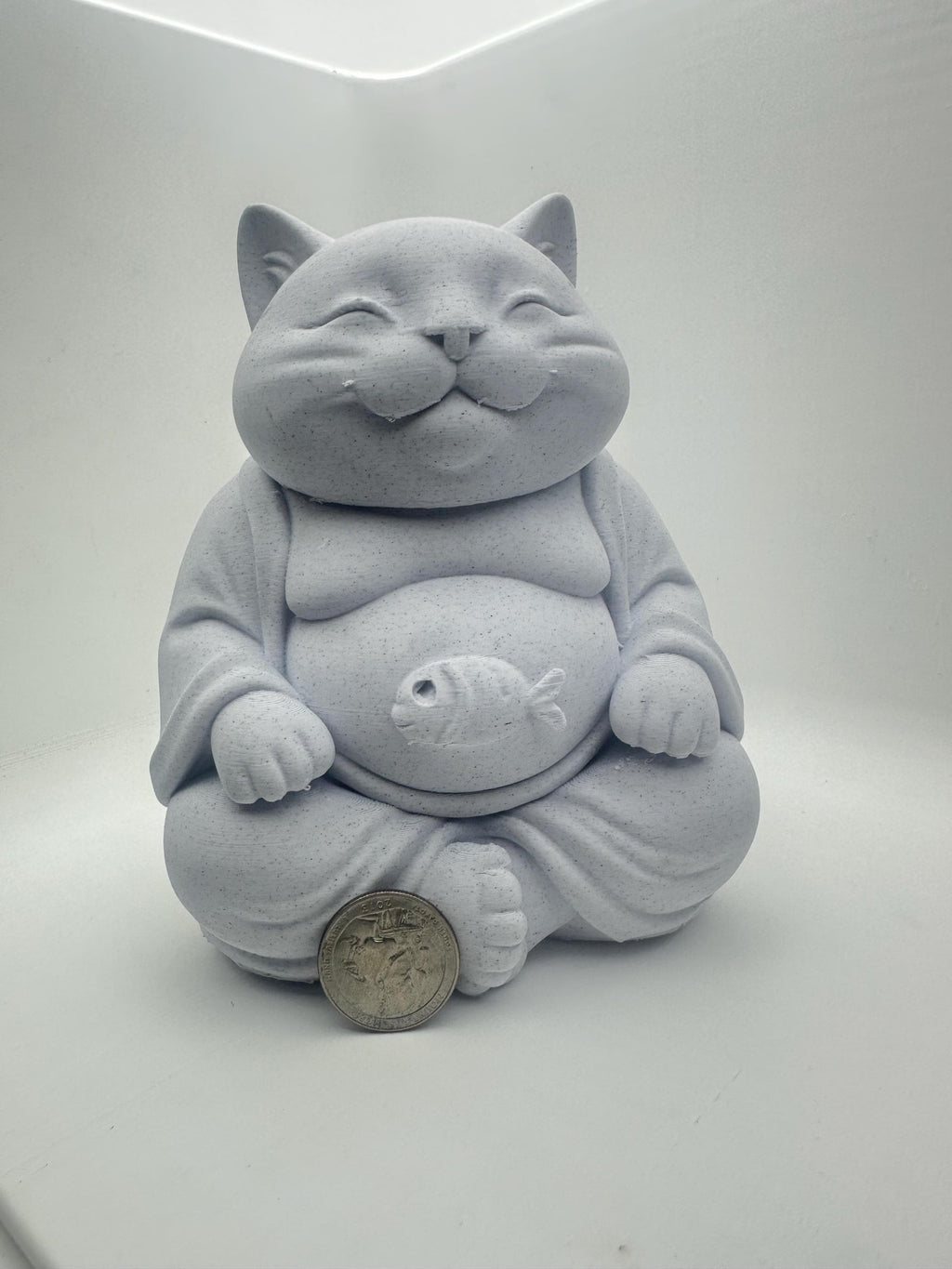 Lucky Cat Buddha Statue 6” Smiling Cat Figurine with Fish Belly - Zen Decor Prosperity Good Luck Collectible Gift Garden Home Desk Decor 3d
