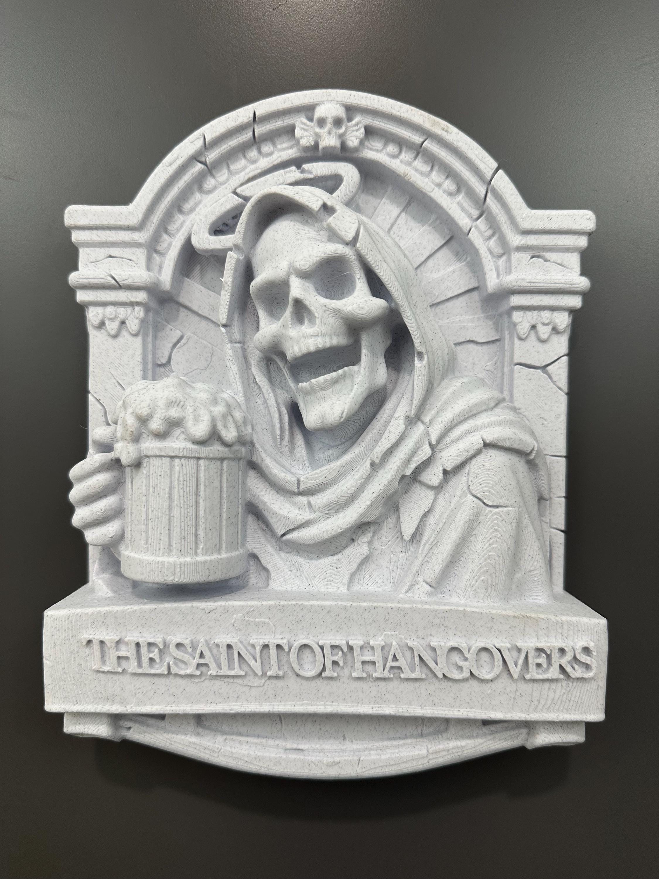 Saint of Hangovers Wall Plaque - Gothic Bathroom Decor - Funny Skull Bar Art - Medieval Tavern Wall Sculpture - Man Cave Gift 9x7x2”