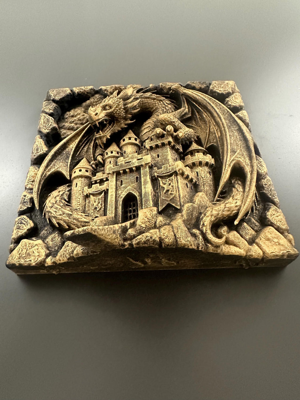 Dragon Castle Wall Sculpture - Medieval Fantasy 3D Relief Plaque - Dark Fantasy Home Decor - Guardian Dragon Wall Art - Castle Wall Hanging
