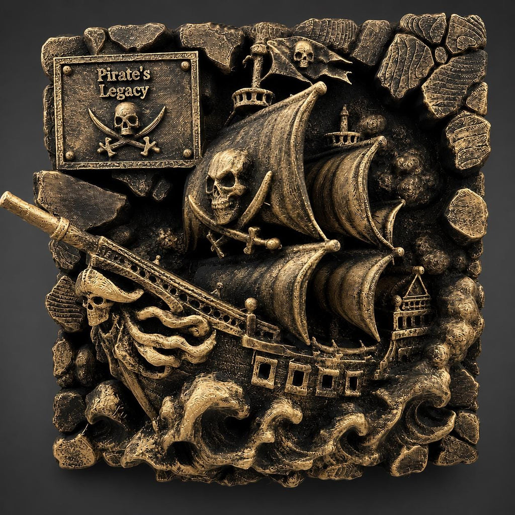 Pirate Ship Wall Decor, Ghost Ship Wall Art Sculpture, Nautical Skull Wall Plaque, Antique Gold Pirate Decor, Jolly Roger Wall Hanging Gif