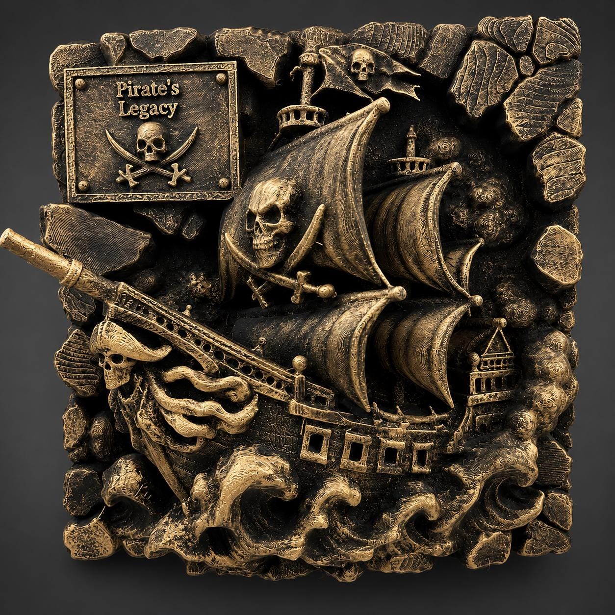 Pirate Ship Wall Decor, Ghost Ship Wall Art Sculpture, Nautical Skull Wall Plaque, Antique Gold Pirate Decor, Jolly Roger Wall Hanging Gif