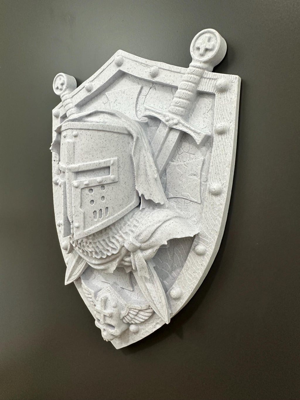 Medieval Crusader Templar Knight Shield Wall Decor - Armor Plaque - Warrior Shield Mounted Sculpture - Stone Stone 9x7x3”