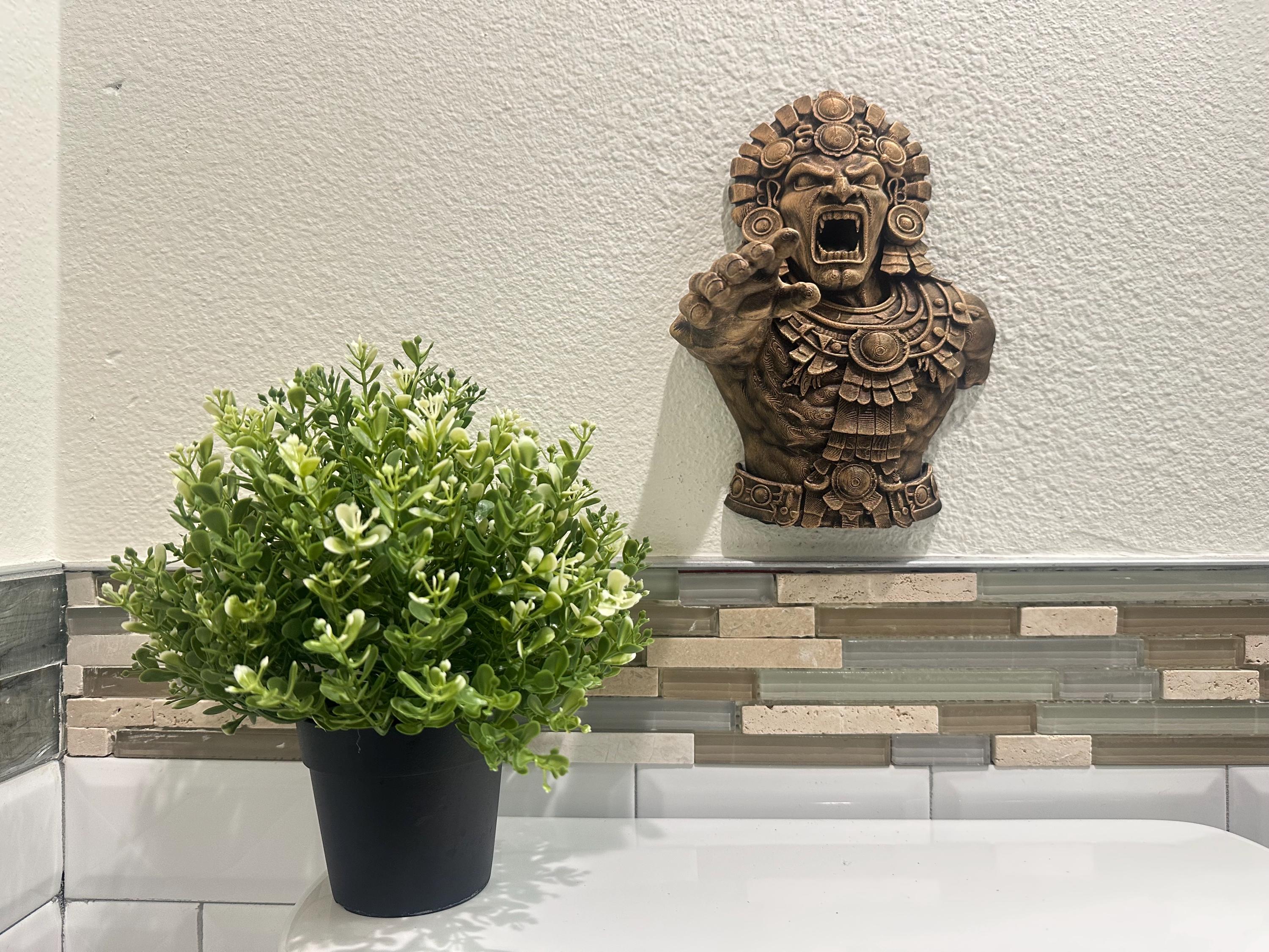 Aztec Warrior Hand Towel Holder - Mayan Tribal Wall Decor - Sculptural Bathroom Hand Towel Hook - Hand Painted Antique Gold Ancient Accent