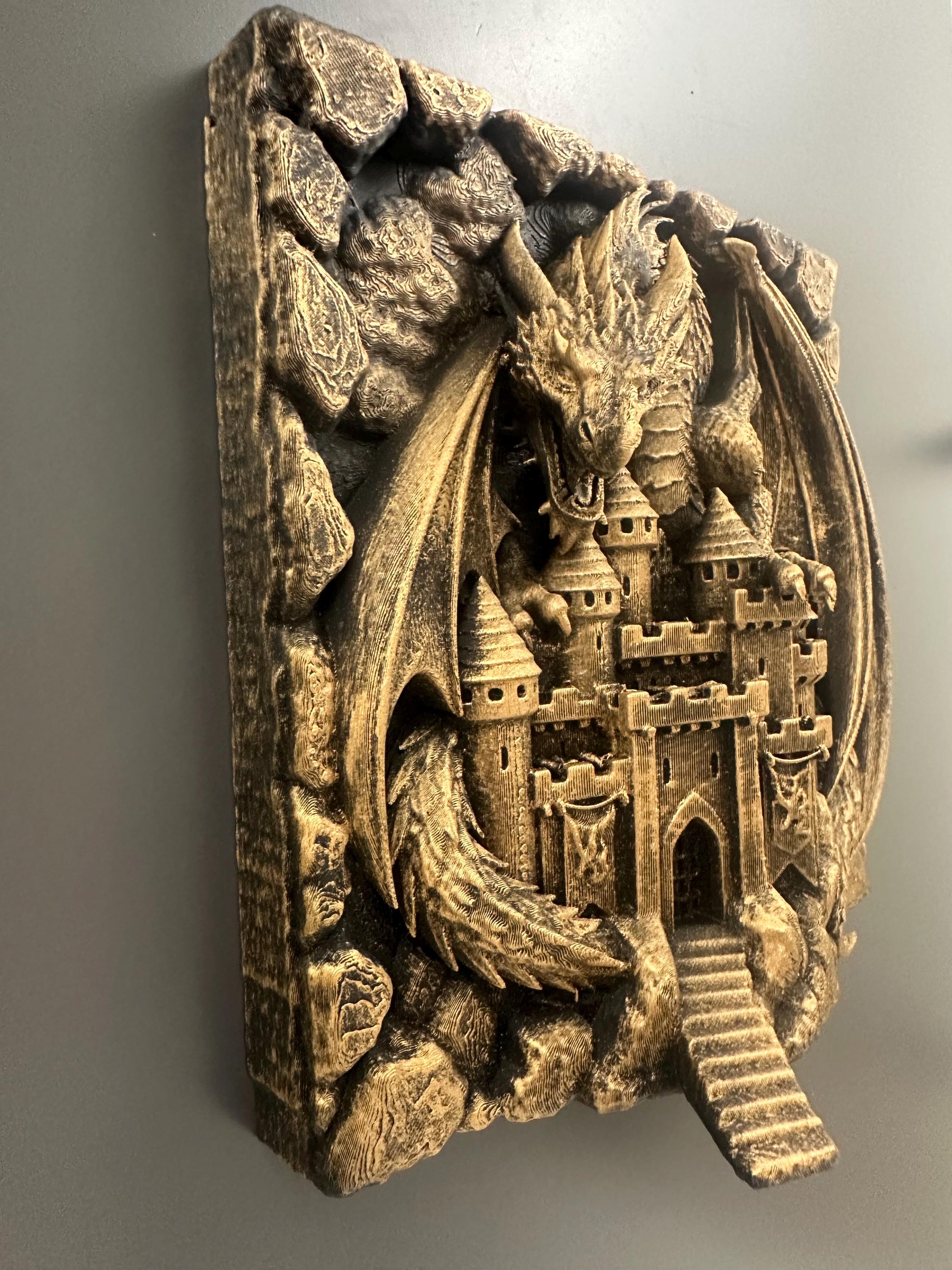 Dragon Castle Wall Sculpture - Medieval Fantasy 3D Relief Plaque - Dark Fantasy Home Decor - Guardian Dragon Wall Art - Castle Wall Hanging