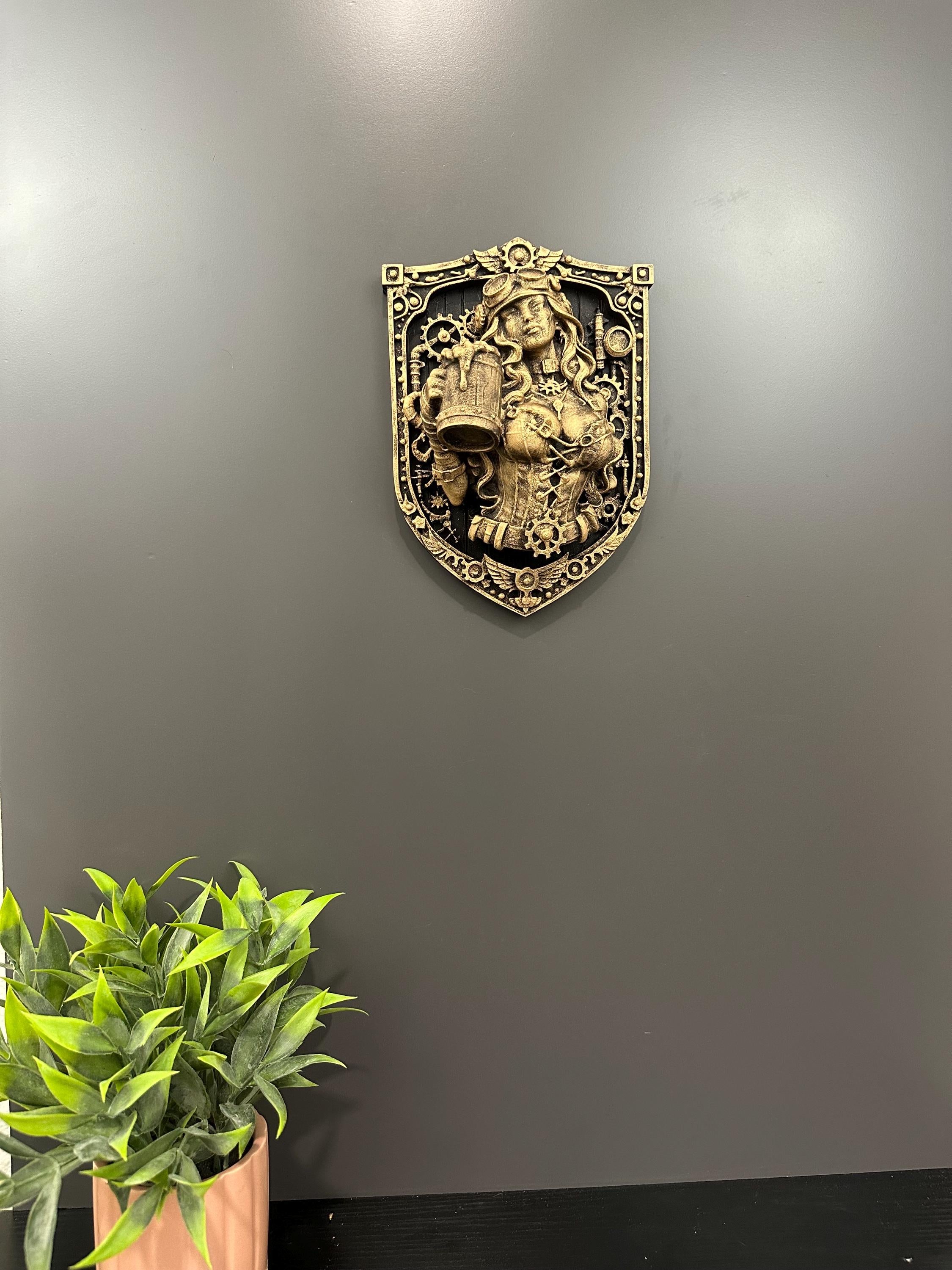 Steampunk Tavern Wench Wall Decor - Beer Maiden Bar Plaque - Man Cave Industrial Gear Art - Pub Wall Sculpture Gift 9x6.5x3.5”