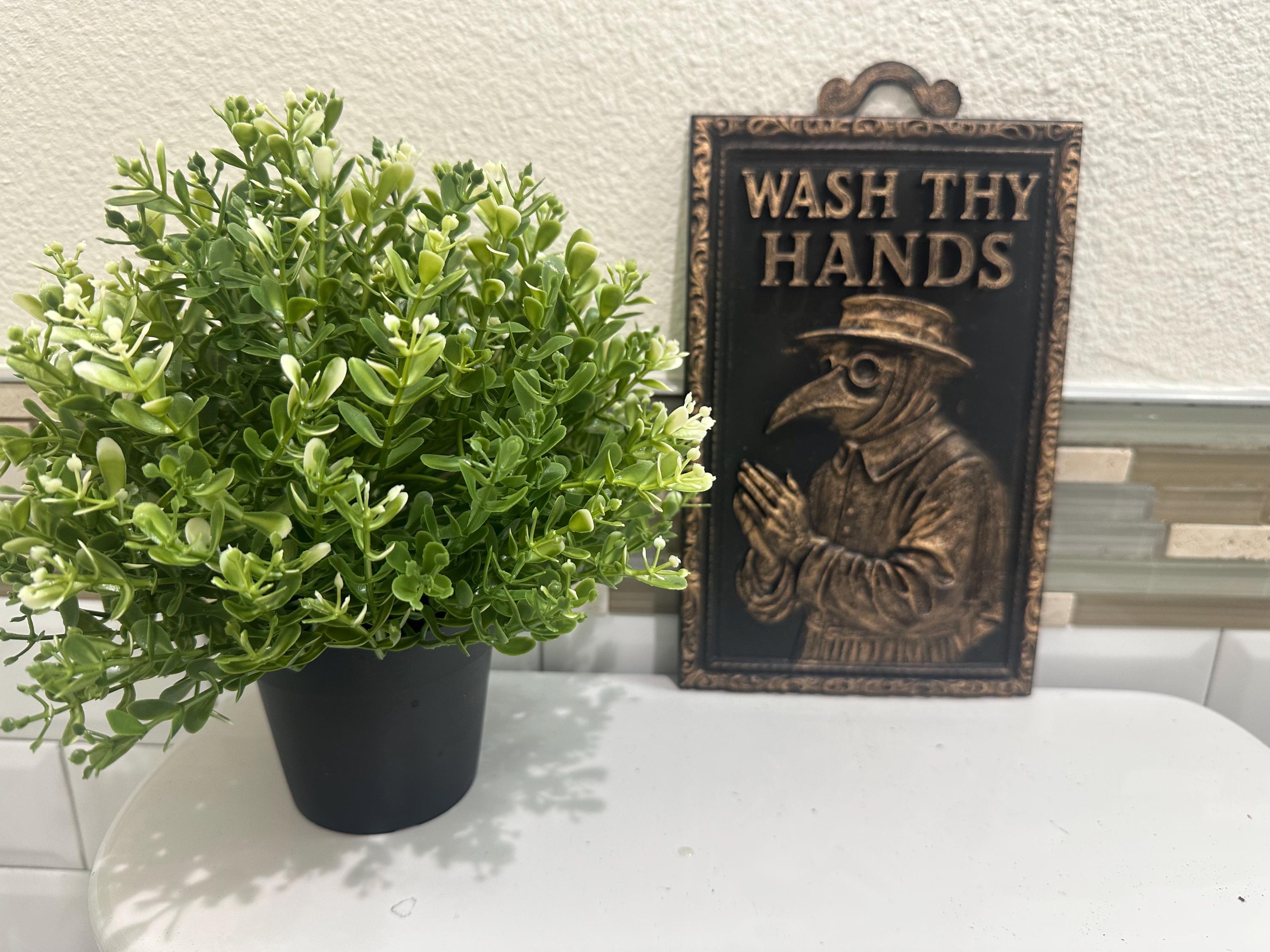 Hand Painted Plague Doctor 9” x 6” Wash Thy Hands Bathroom Decor Wall Art Sign Sculpture 3d Vintage Antique Gift Plaque Funny Rustic Relief