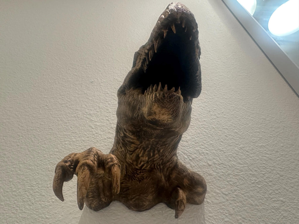 T-Rex Dinosaur Jurassic 8x6x6 3d Hanging Wall Mounted Sculpture Home Decor - Head and Claw - Hand Painted Antique Gold