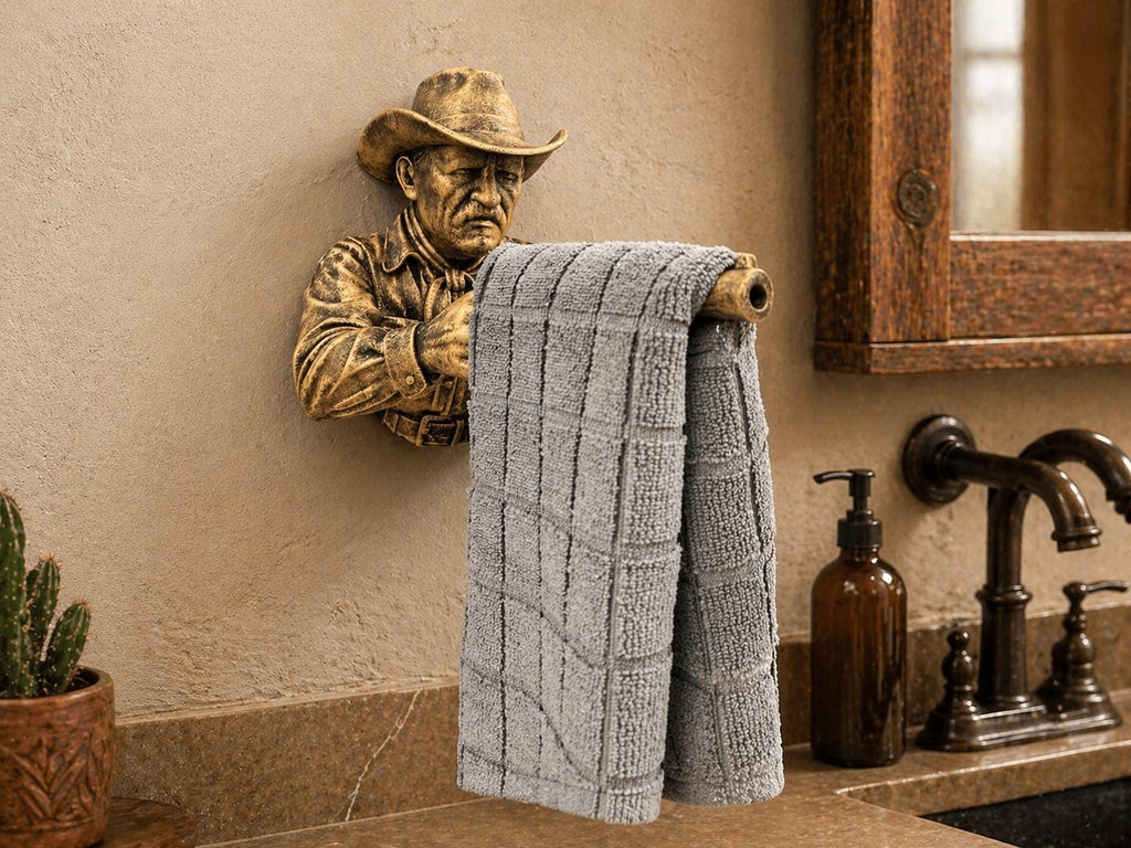 Western Cowboy Shotgun Hand Towel Holder - Rustic Wall Mounted Bathroom Decor - Cowboy Wall Sculpture - Man Cave Decor - Western Wall Art