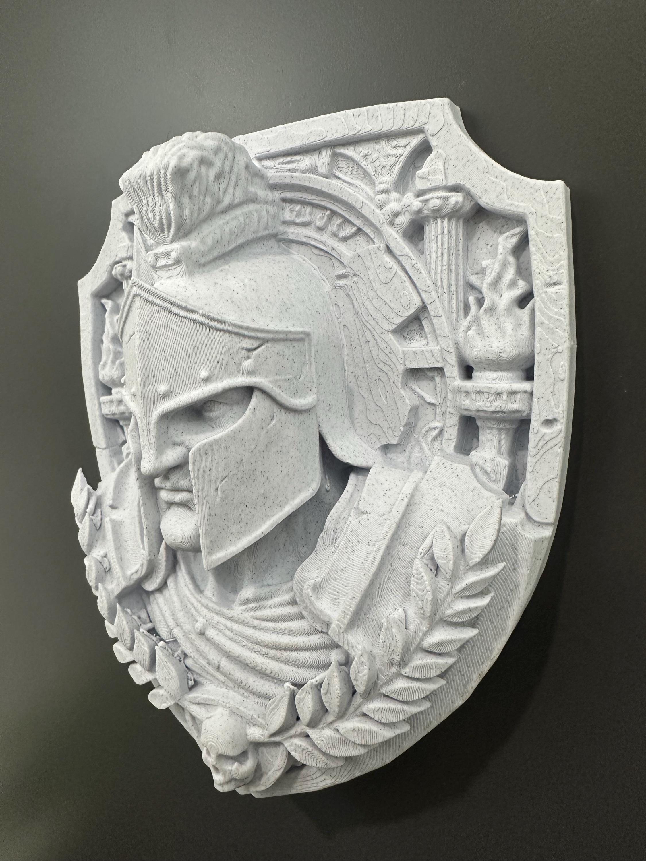 Spartan Warrior Wall Plaque Sculpture - Greek Gladiator Helmet Decor - Stone Style Wall Art - Man Cave Gym Decor - Ancient Warrior 8x7x3”