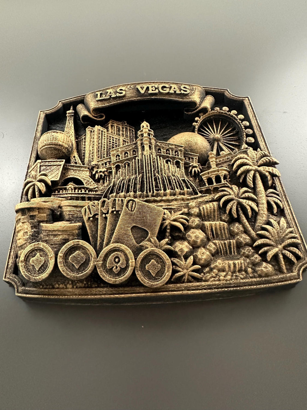 Las Vegas Wall Art Sculpture, Antique Gold Casino Decor, Poker Room Wall Plaque, Man Cave Bar Sign, Vegas Skyline Gift for Gamblers