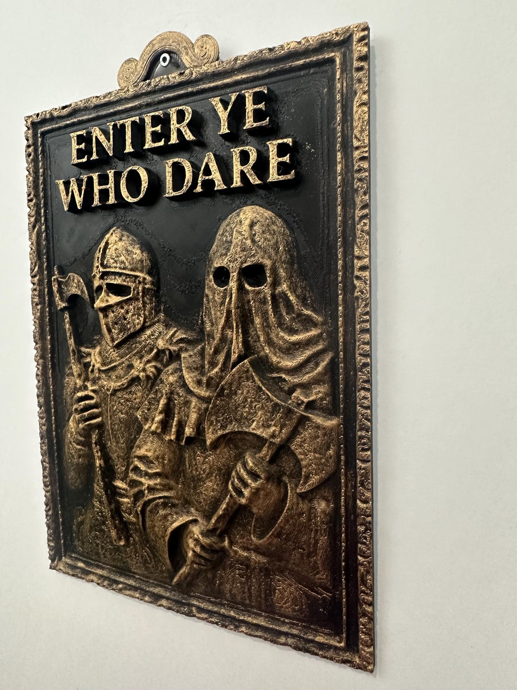 Hand Painted Medieval Bathroom Wall Decor - ENTER YE Who DARE Sign - Funny Gothic Bathroom Art - Man Cave Wall Plaque 10x6 - Executioner