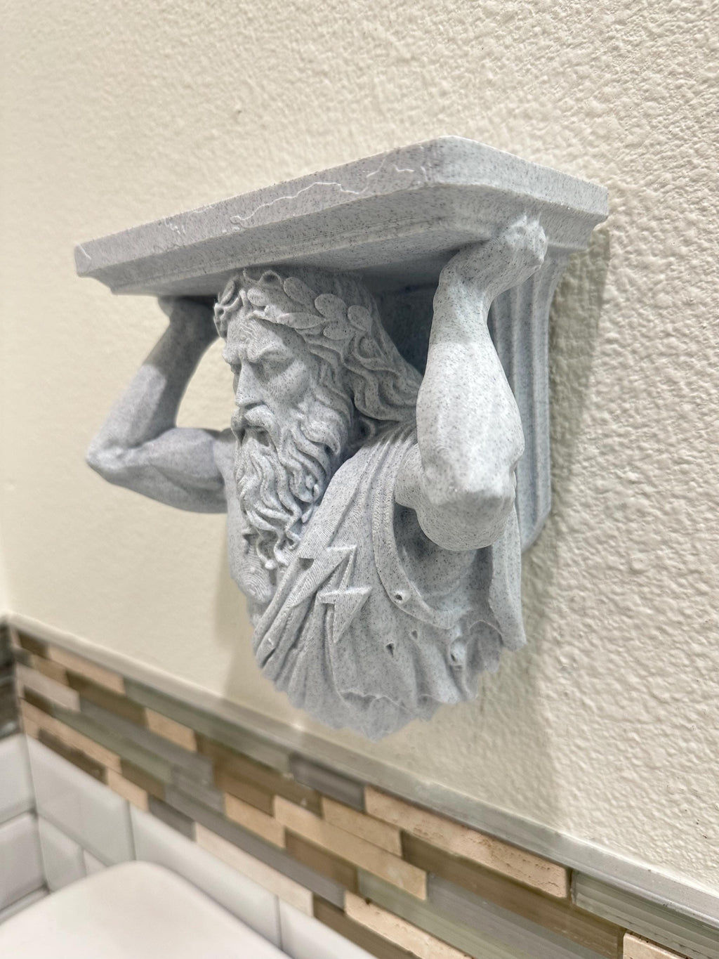 Zeus Wall Shelf - Greek Mythology Decor - God of Thunder Sculpture - Classical Wall Mount Shelf - Small Floating Shelf 8x7x4