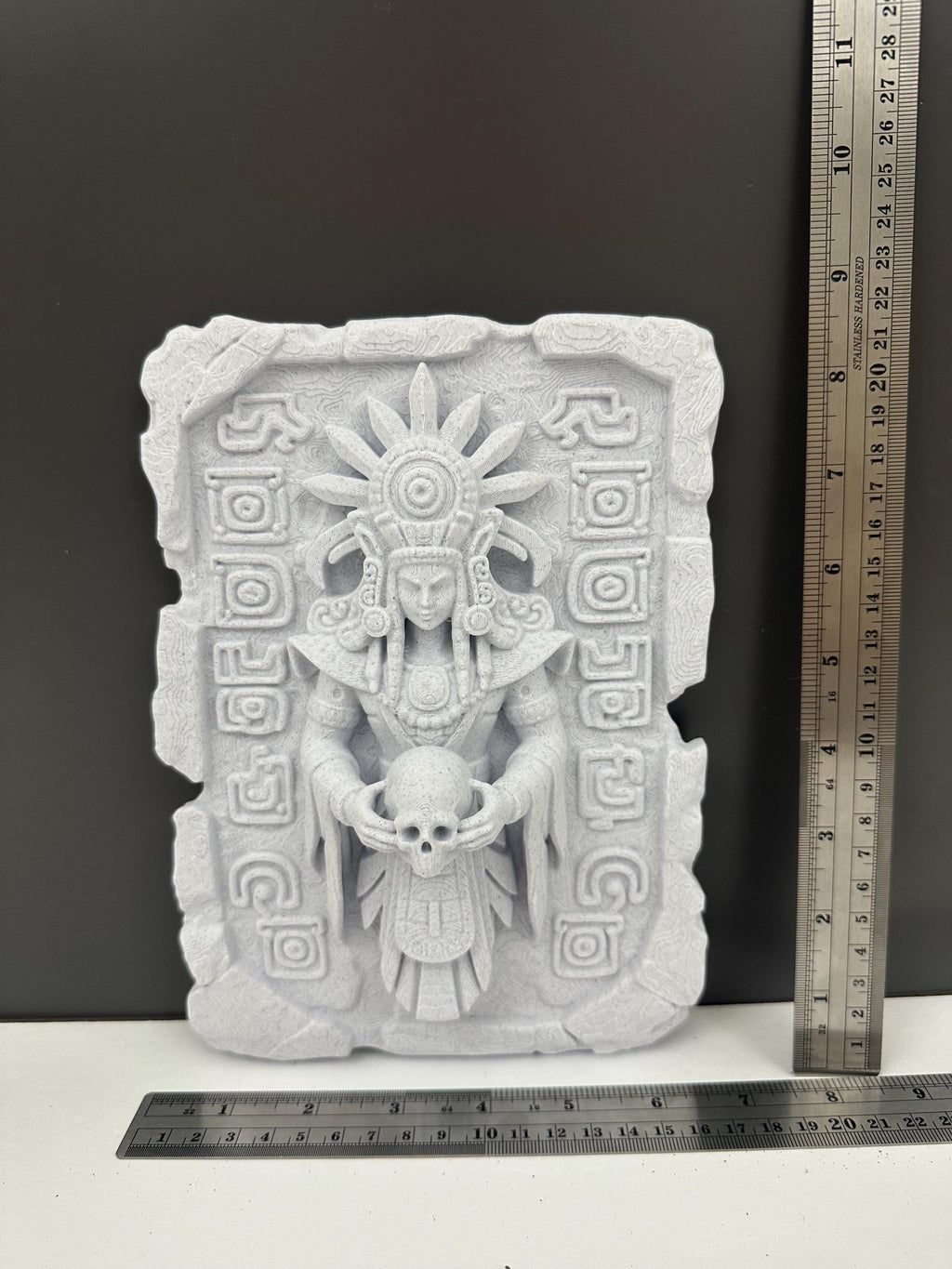 Ancient Skull Wall Plaque - Ritual Aztec Style Decor - Gothic Altar Wall Art - Dark Academia Sculpture - Mayan Stone Relief - Man Cave Decor