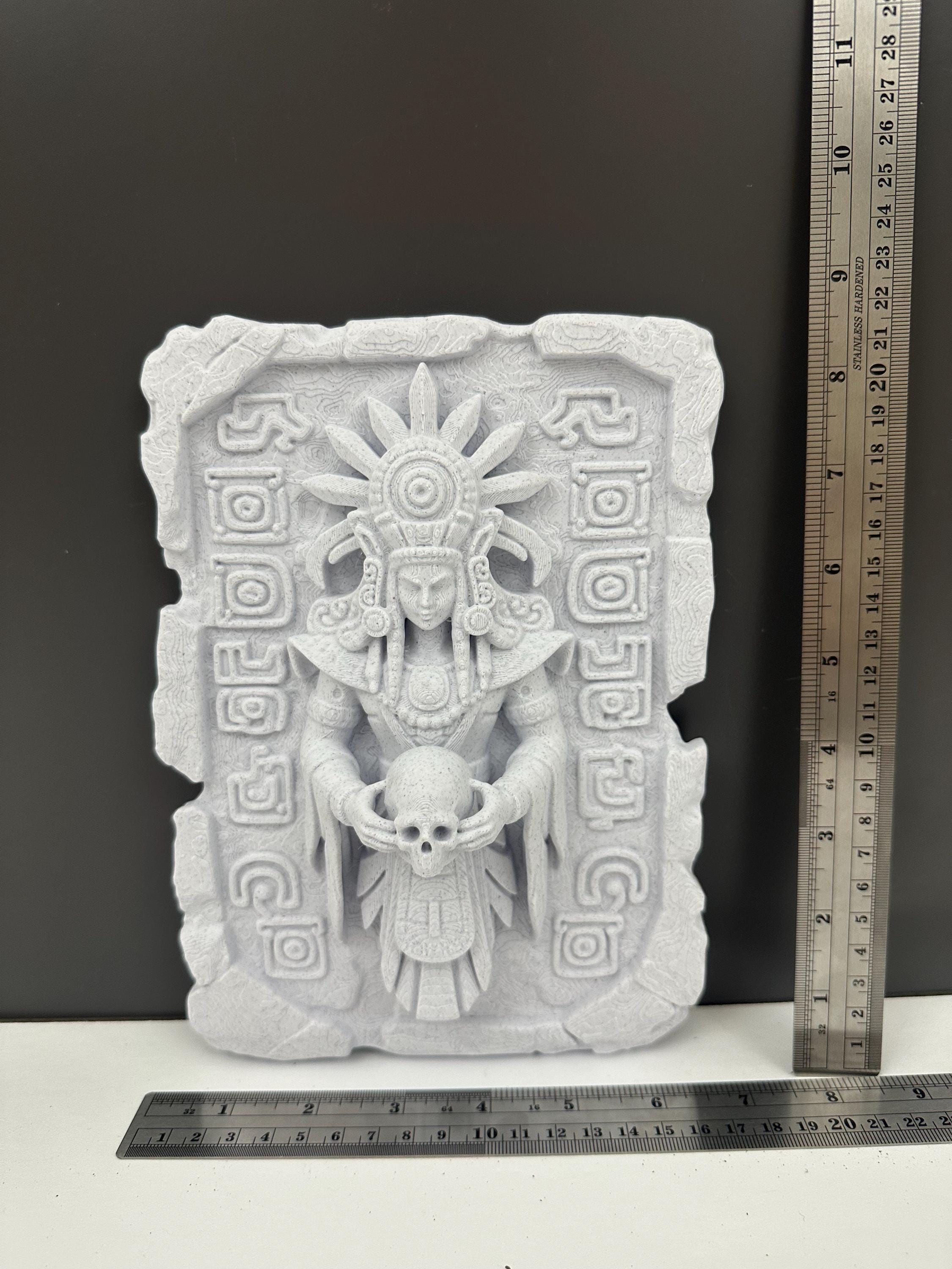 Ancient Skull Wall Plaque - Ritual Aztec Style Decor - Gothic Altar Wall Art - Dark Academia Sculpture - Mayan Stone Relief - Man Cave Decor