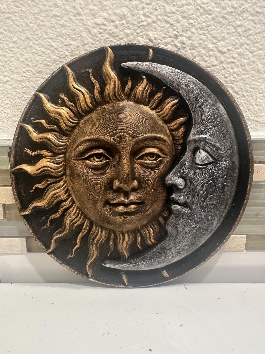 Hand Painted Sun and Moon 8” x 8” Zodiac Astrology Wall Plaque Art Sign 3d Relief Sculpture Home Decor Spiritual Celestial Boho Round