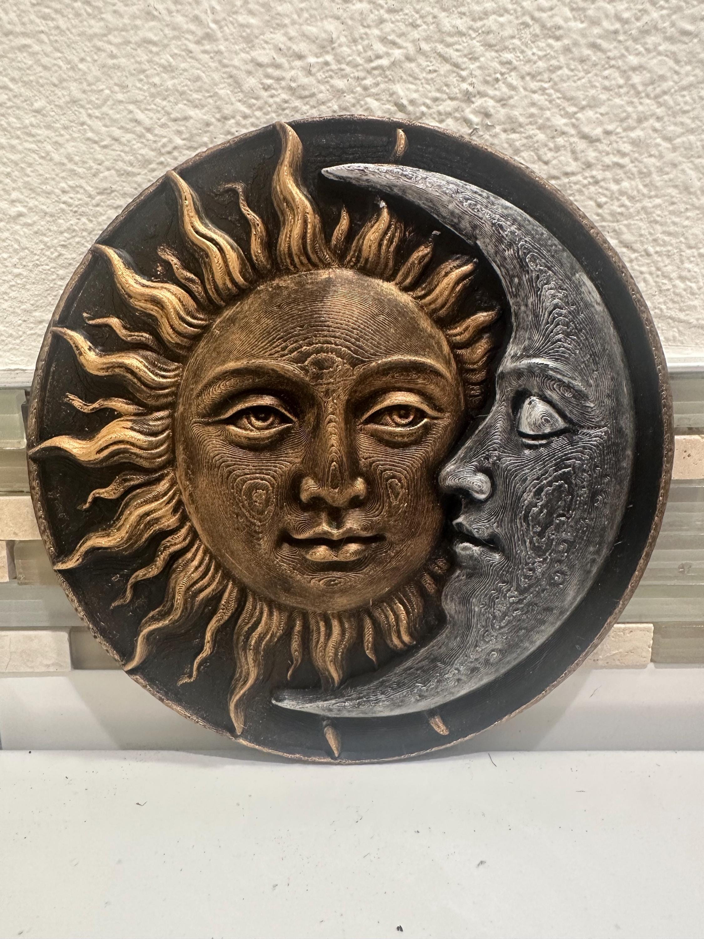 Hand Painted Sun and Moon 8” x 8” Zodiac Astrology Wall Plaque Art Sign 3d Relief Sculpture Home Decor Spiritual Celestial Boho Round