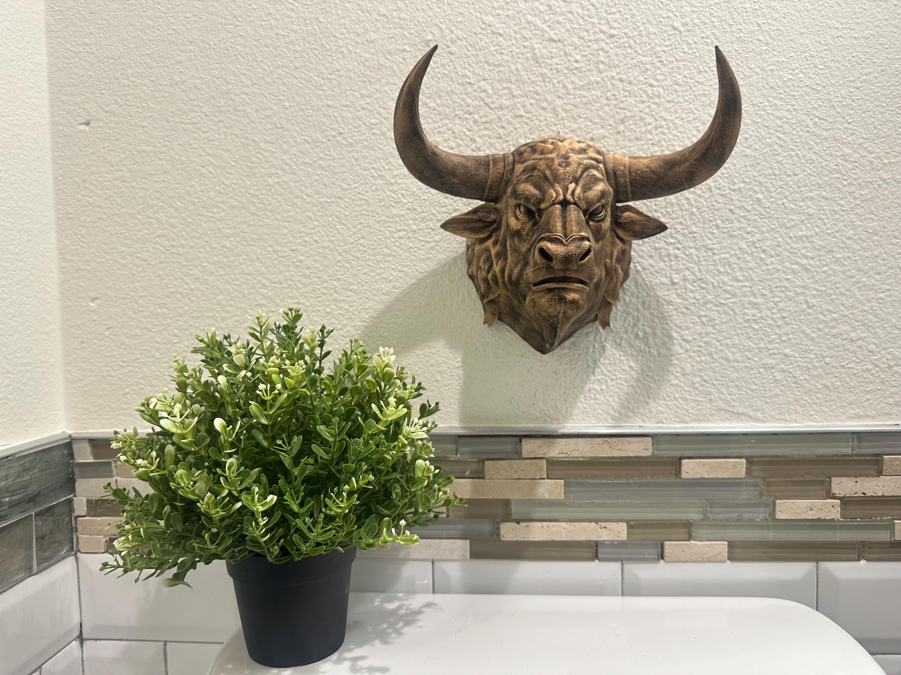 Minotaur Bull Head Wall Mount - Mythical Beast - Hand Painted Antique Gold - Fantasy Wall Art - Man Cave Home Decor 9x8x5