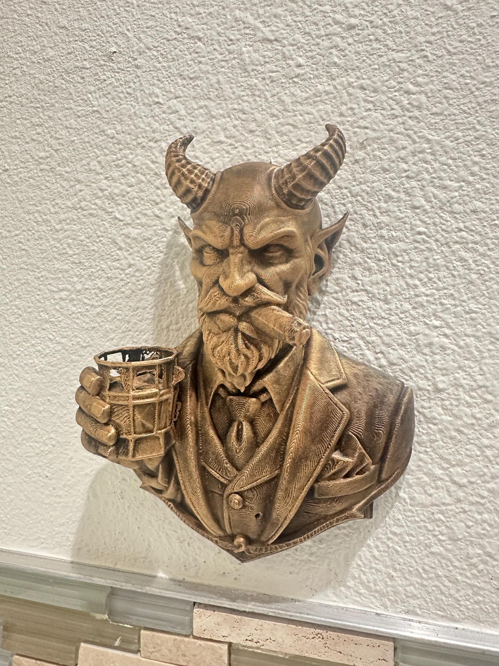 Devil Gentleman Wall Decor - Horned Demon Bust Wall Sculpture - Gothic Bar Man Cave Decor - Cigar & Whiskey Wall Art Hand Painted 9”