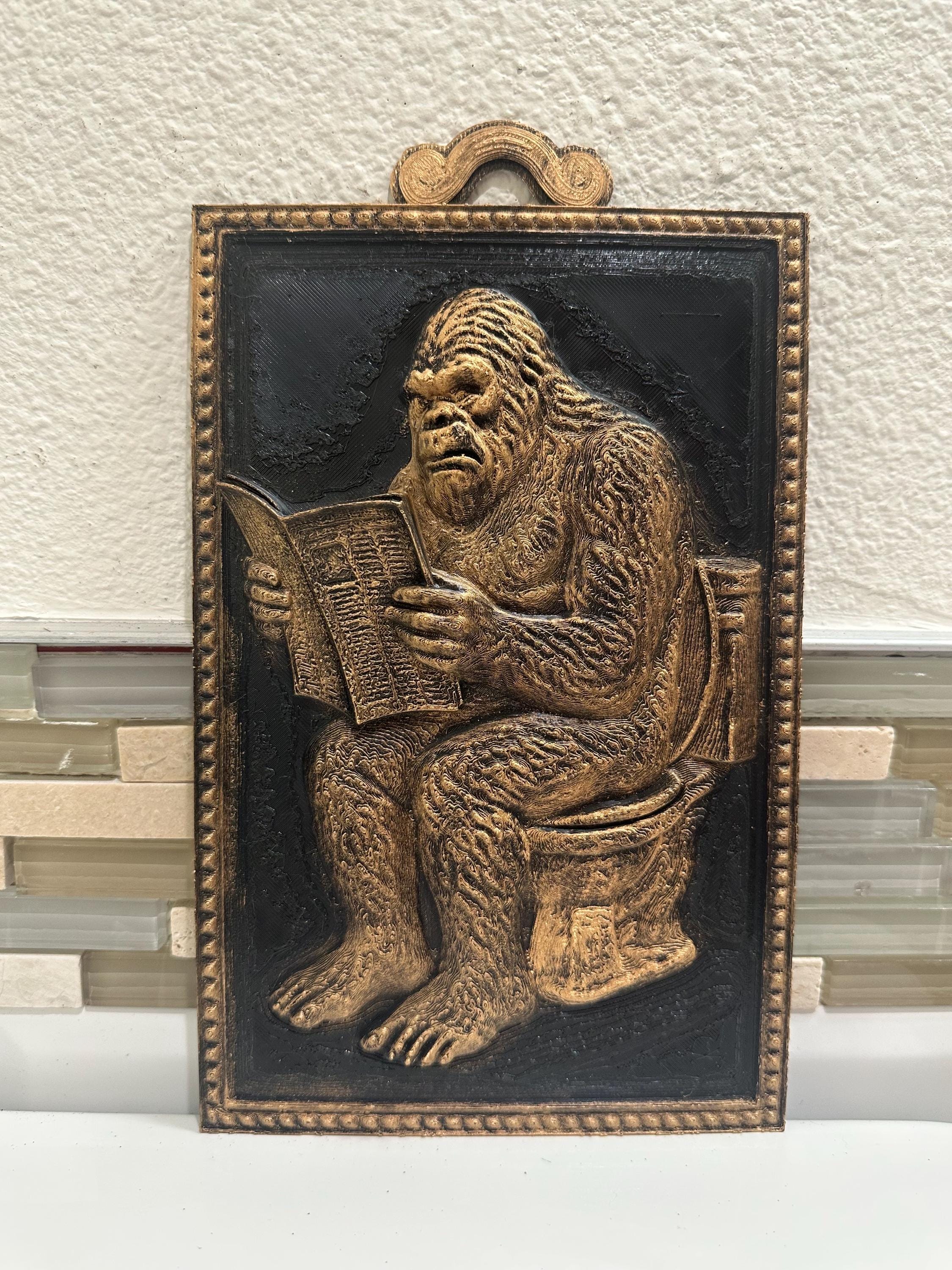 Funny Bigfoot Bathroom Wall Art 9” x 6” Sasquatch on Toilet Bathroom Decor Sign Sculpture 3d Vintage Antique Gift Plaque Funny Rustic Relief
