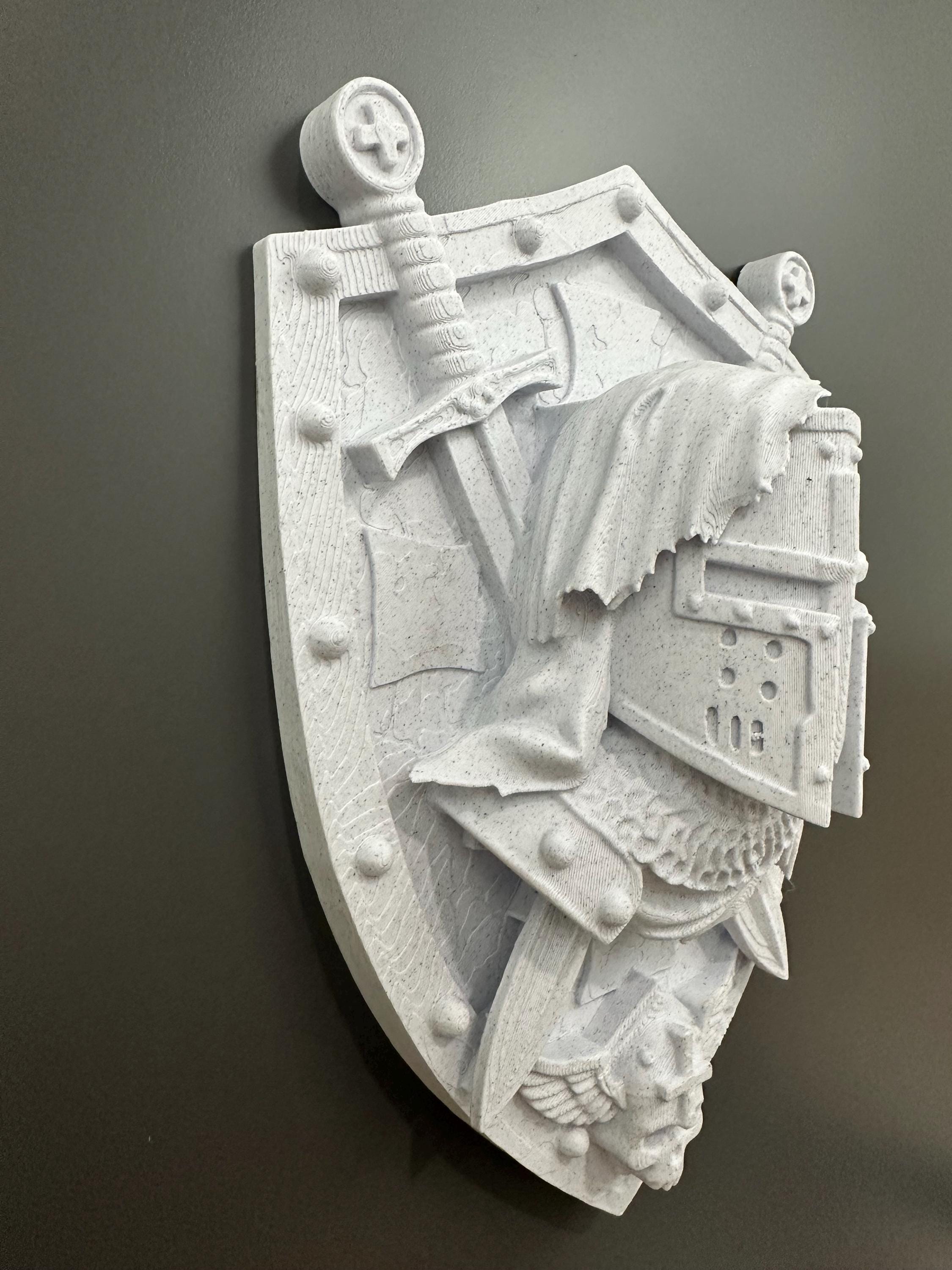 Medieval Crusader Templar Knight Shield Wall Decor - Armor Plaque - Warrior Shield Mounted Sculpture - Stone Stone 9x7x3”