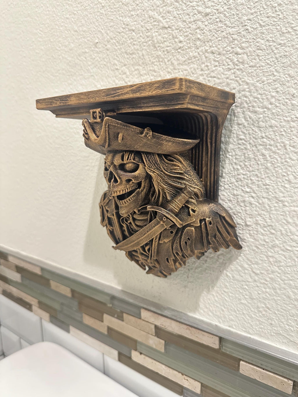 Ghost Pirate Wall Shelf - Haunted Skeleton Decor - Skill Buccaneer Nautical Gothic Wall Mount - Hand Painted Floating Shelf 8x7x4