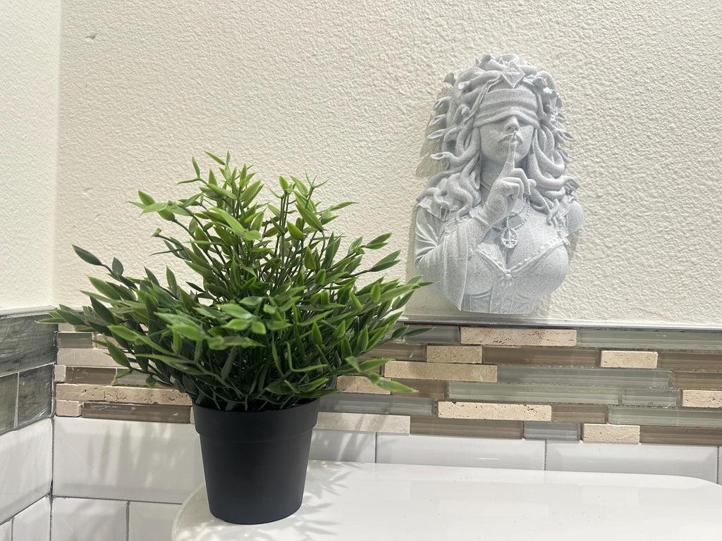 Blindfolded Medusa Shushing Bust Sculpture - Greek Mythology Gothic Decor - Museum Style Fantasy Art - Greek Goddess Home Decor 9”