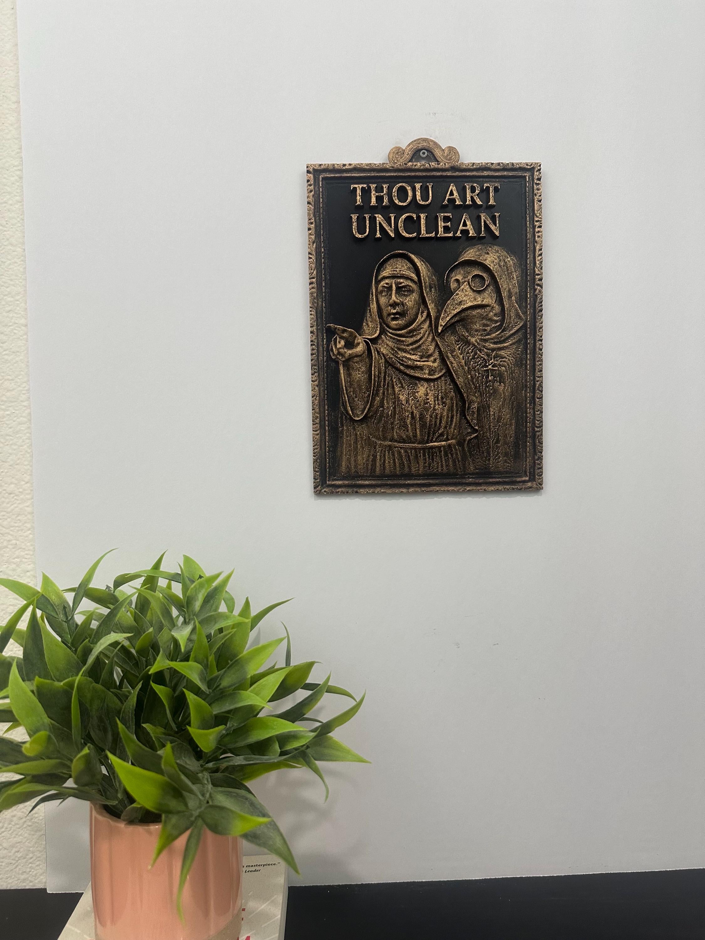 Thou Art Unclean Gothic Bathroom Wall Art - Medieval Nun & Plague Doctor Decor - Dark Humor Wall Sculpture- Whimsigoth Hand Painted 10x6