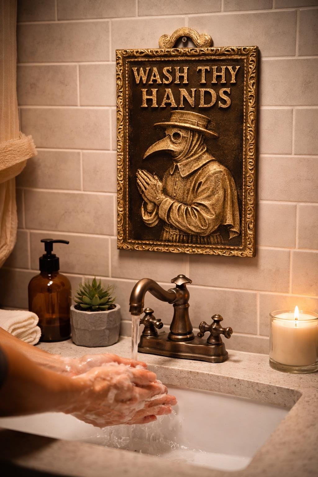 Hand Painted Plague Doctor 9” x 6” Wash Thy Hands Bathroom Decor Wall Art Sign Sculpture 3d Vintage Antique Gift Plaque Funny Rustic Relief