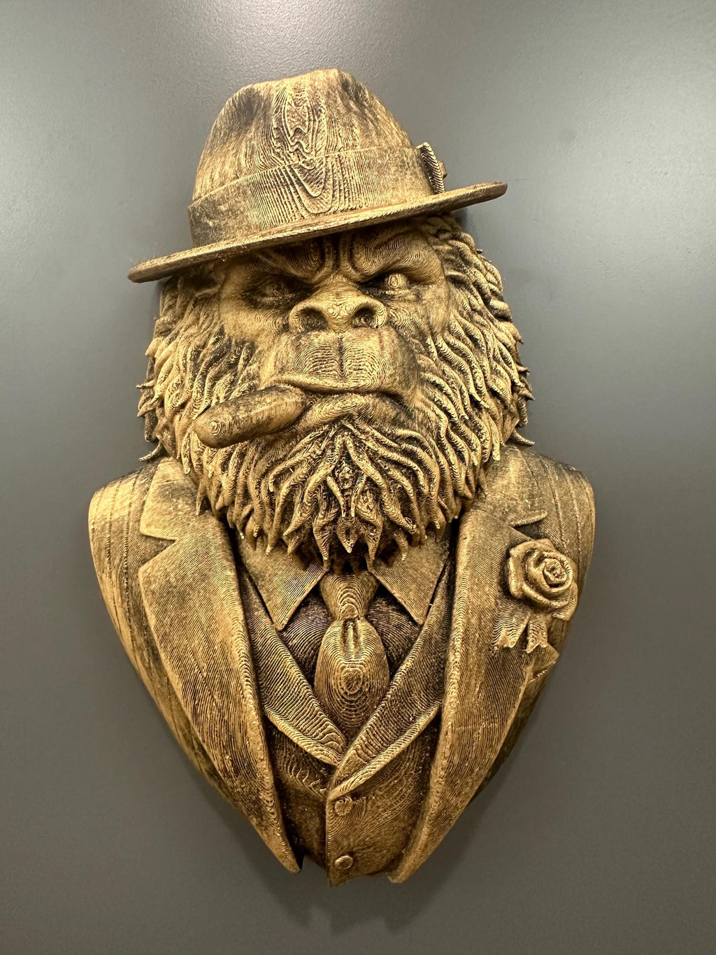 Mob Boss Sasquatch Wall Mount Bust - Bigfoot Mafia Decor - Gangster Gorilla Trophy Plaque - Man Cave Bar Wall Art Gift - Hand Painted 9”