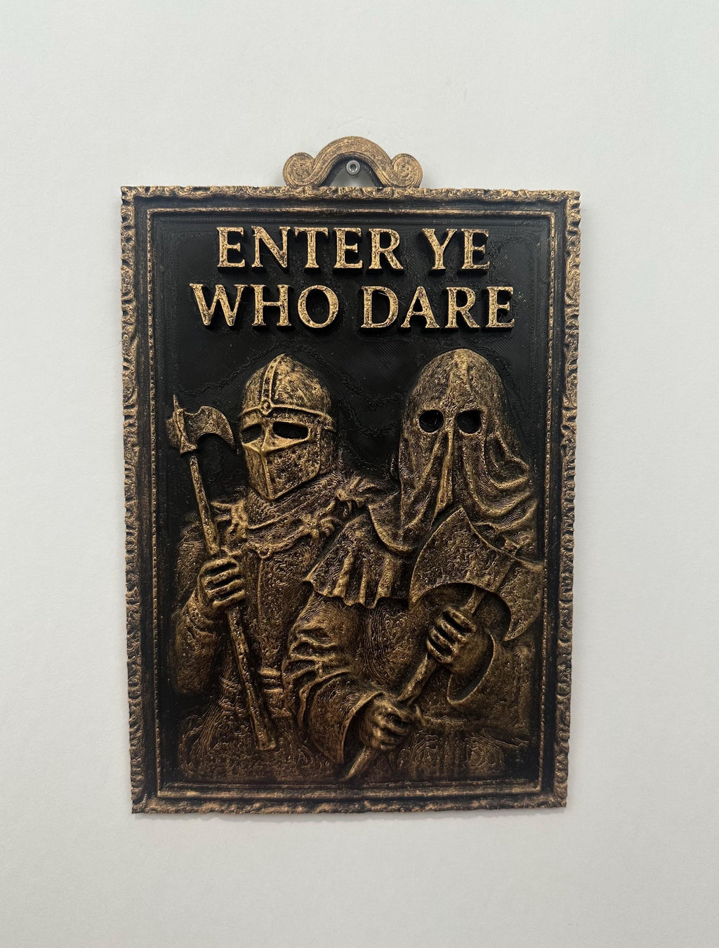 Hand Painted Medieval Bathroom Wall Decor - ENTER YE Who DARE Sign - Funny Gothic Bathroom Art - Man Cave Wall Plaque 10x6 - Executioner