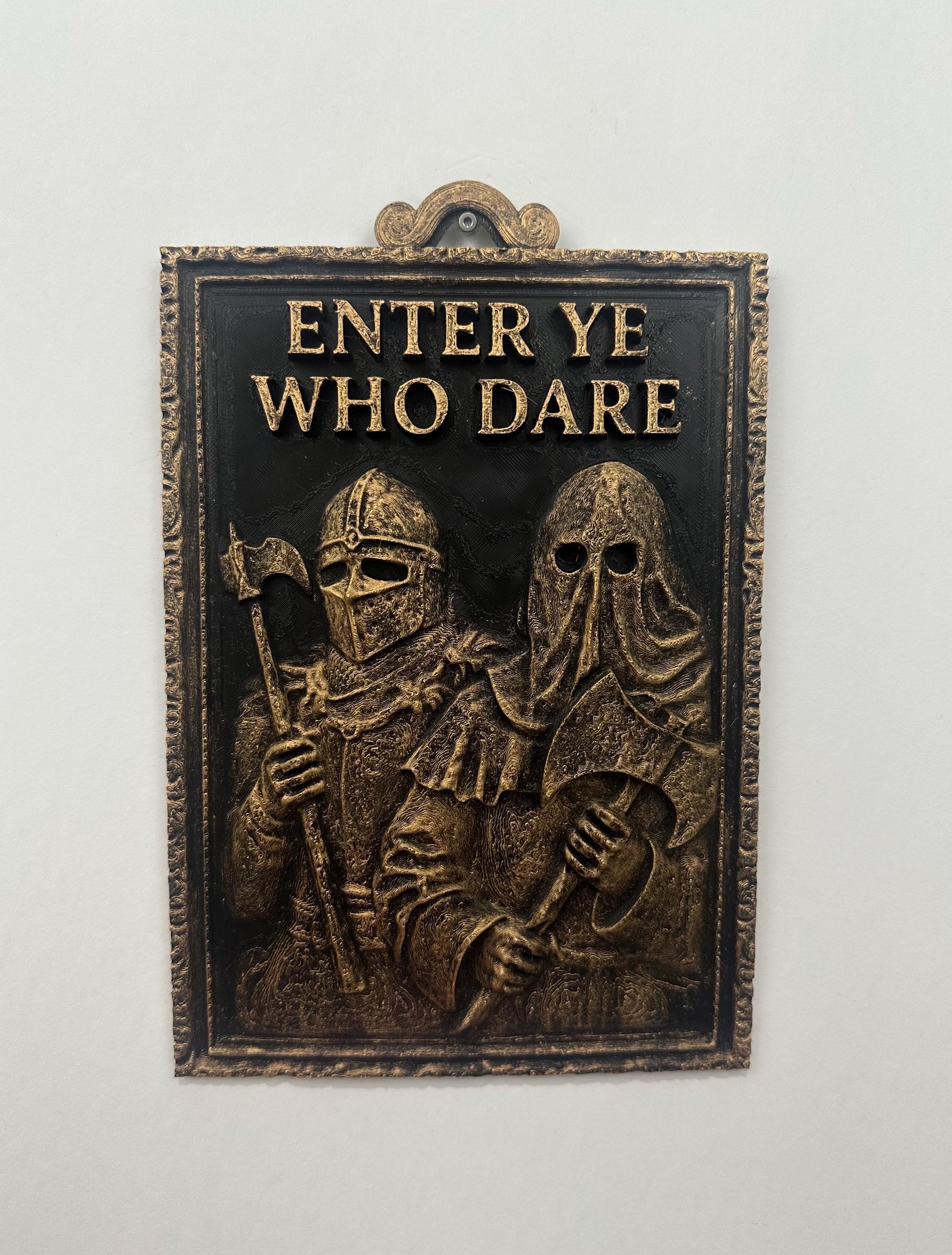 Hand Painted Medieval Bathroom Wall Decor - ENTER YE Who DARE Sign - Funny Gothic Bathroom Art - Man Cave Wall Plaque 10x6 - Executioner
