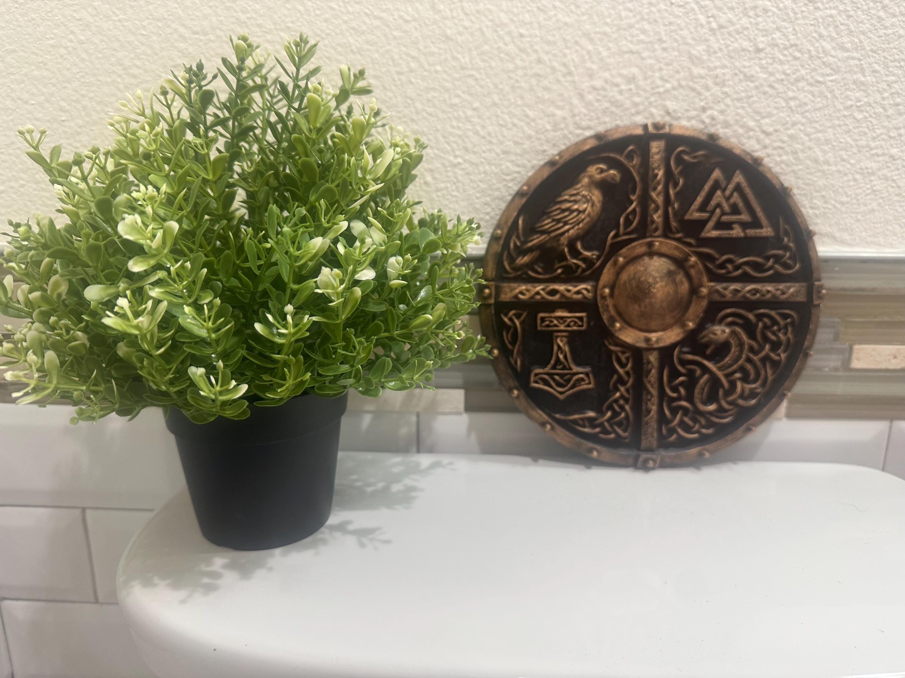 8” Viking Shield Wall Art Plaque — Norse Mythology Symbols, Antique Bronze 3D Printed Decor, Odin, Valknut, Thor Hammer