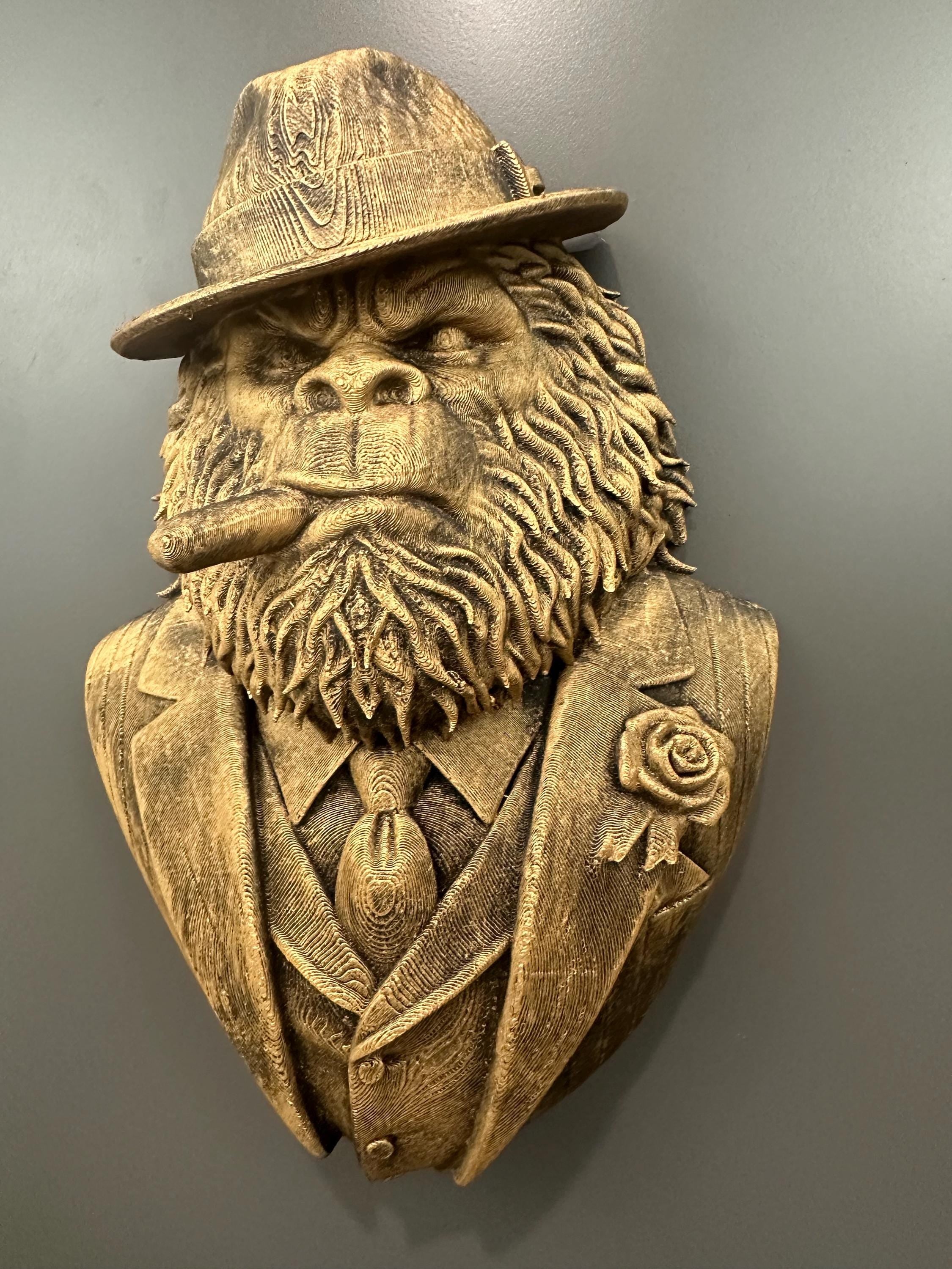 Mob Boss Sasquatch Wall Mount Bust - Bigfoot Mafia Decor - Gangster Gorilla Trophy Plaque - Man Cave Bar Wall Art Gift - Hand Painted 9”
