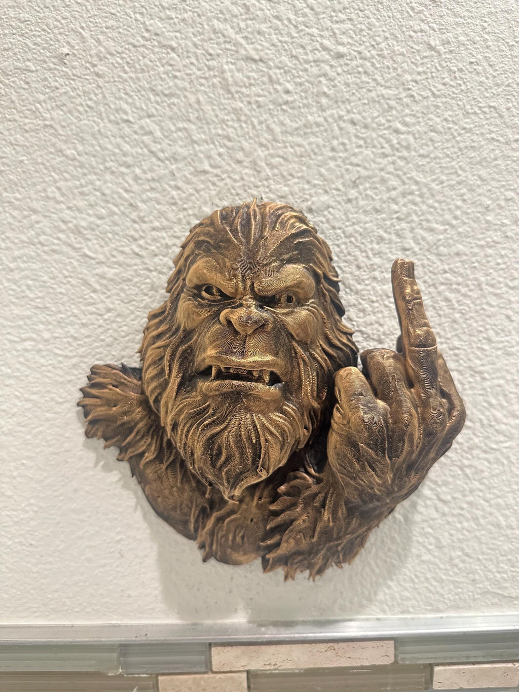 Hand Painted Bigfoot Wall Mount - Rude Sasquatch Middle Finger - Funny Man Cave Wall Decor - Rustic Cryptid Fantasy Bar Home Decor 9x8”