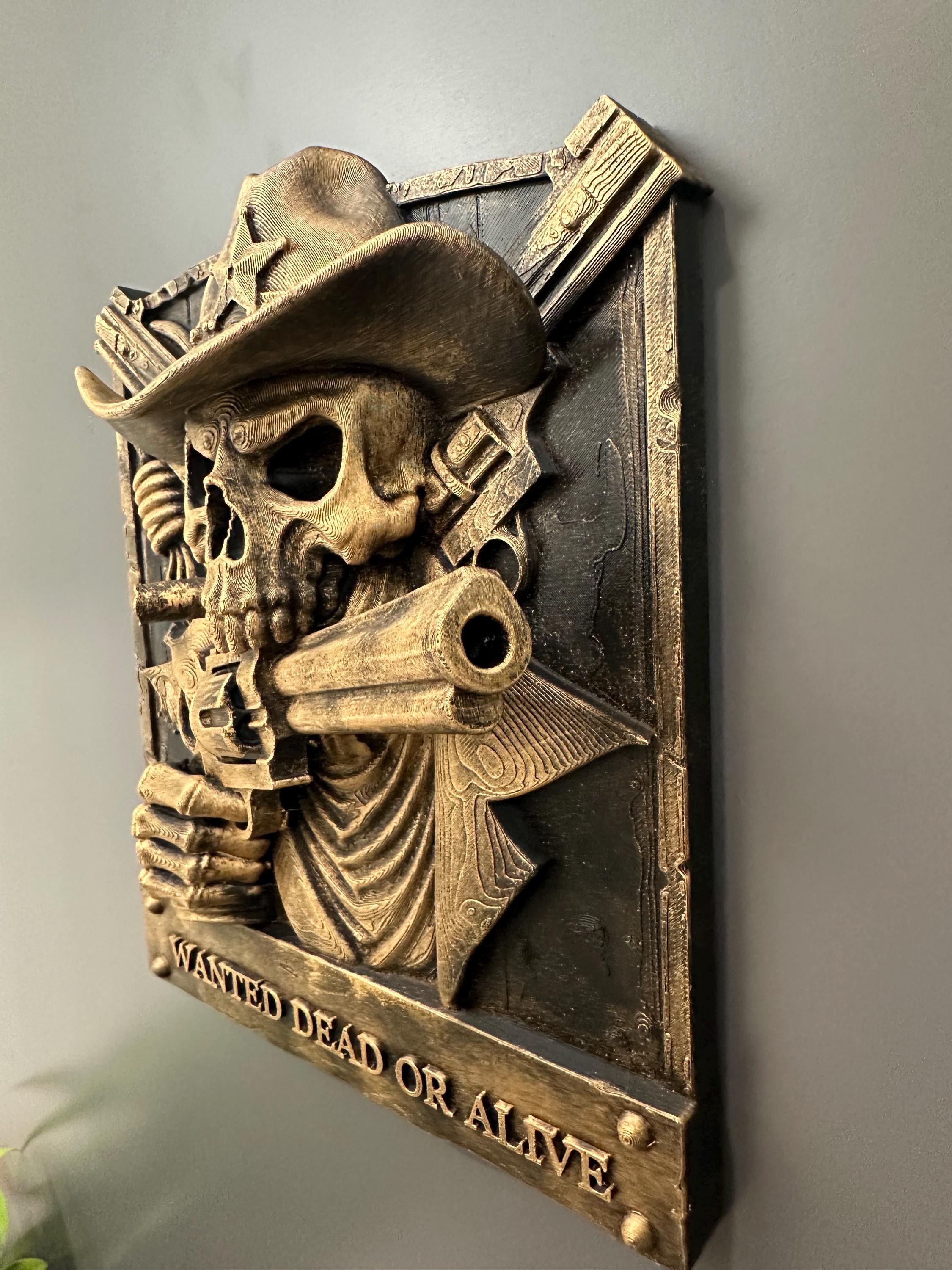 Cowboy Skull Wall Decor - Westerb Skeleton Plaque - Wanted Dead or Alive Sign - Gothic Ranch Decor - Man Cave Bar Art Hand Painted 9x7.5x2.5