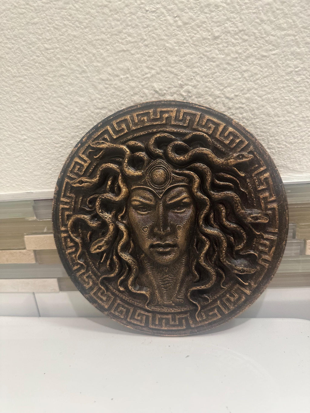 Medusa Head Of Snakes Wall Plaque 8” x 8” Greek Mythology Relief Sculpture Gothic Art Gorgon Round Home Decor Plaster