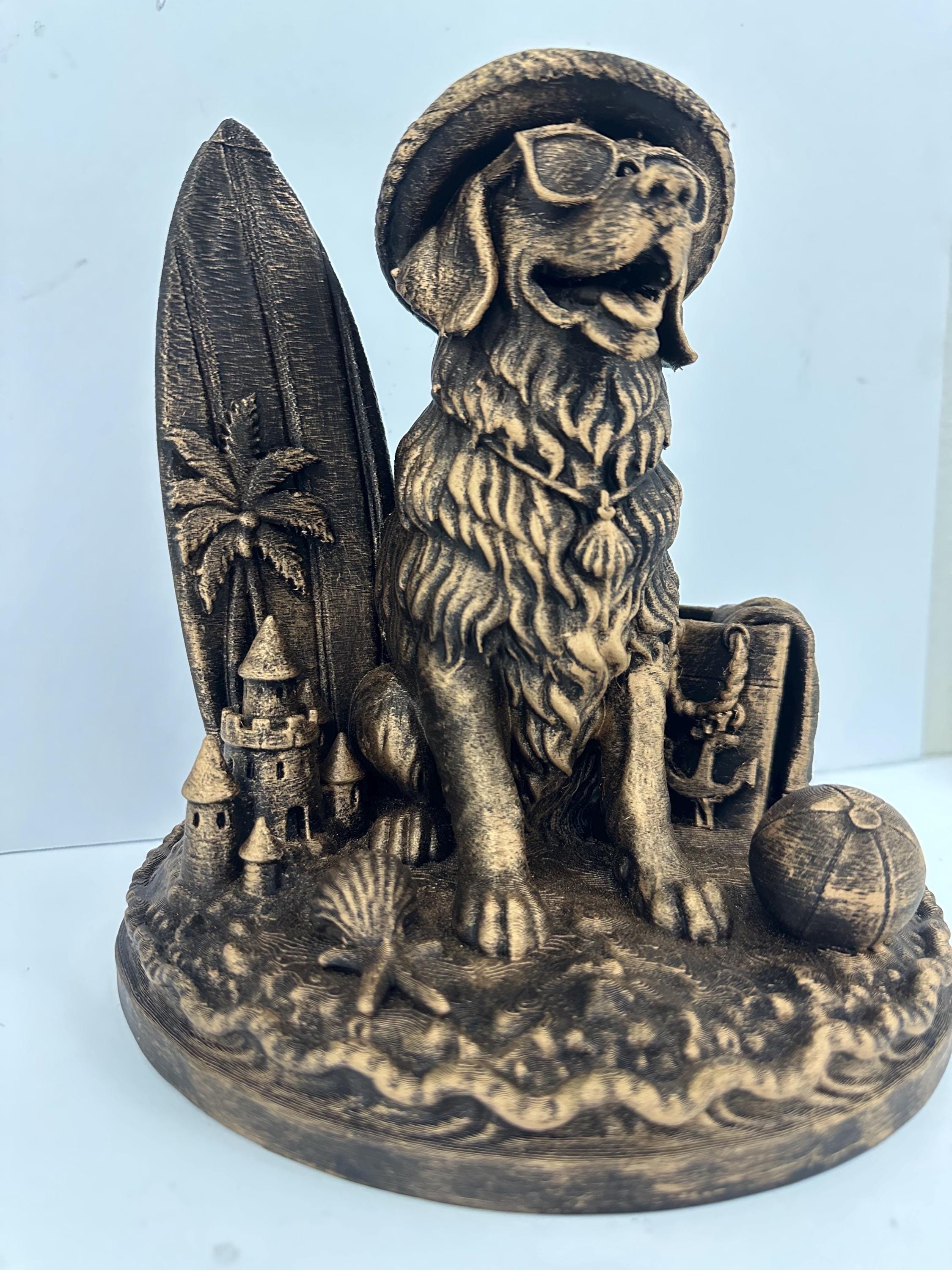 Beach Dog Statue with Surfboard - Coastal Golden Retriever Sculpture - Antique Bronze Finish - Beach House Decor - Dog Lover Gift - Surfer