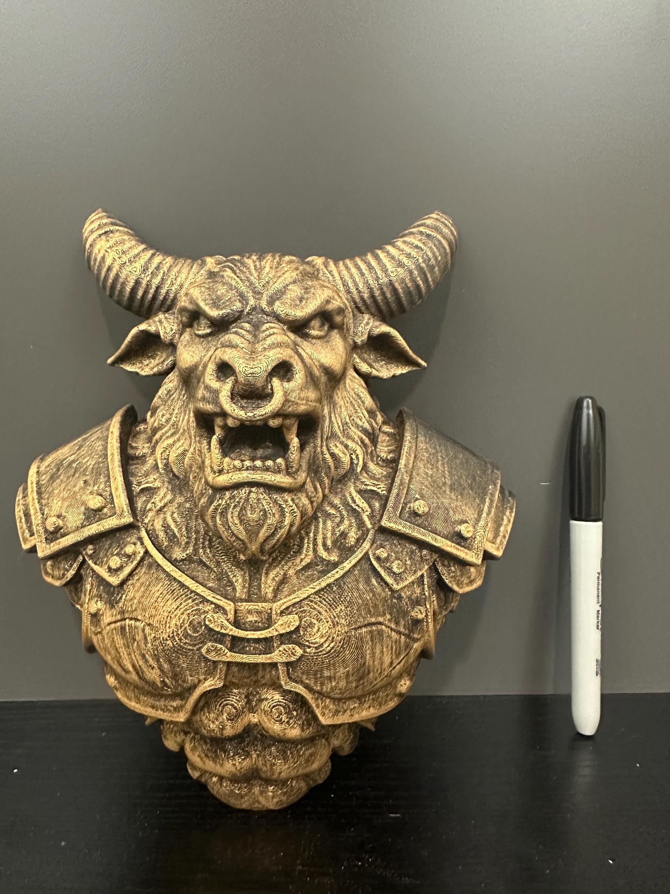Minotaur Wall Mount - Mythical Bull Warrior Decor - Gladiator Beast Bust - Gamer Room Wall Art - Fantasy Game Room Sculpture - RPG Boss 9”