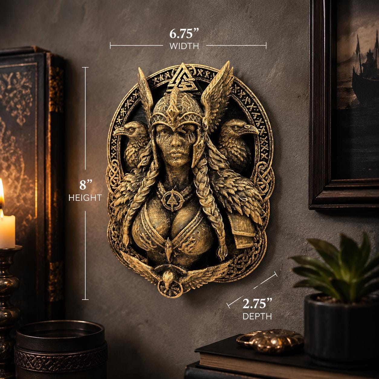 Valkyrie Wall Sculpture - Norse Goddess Freya Plaque - Viking Raven Wall Art - Antique Bronze Pagan Decor - Valknut Odin Mythology Gift