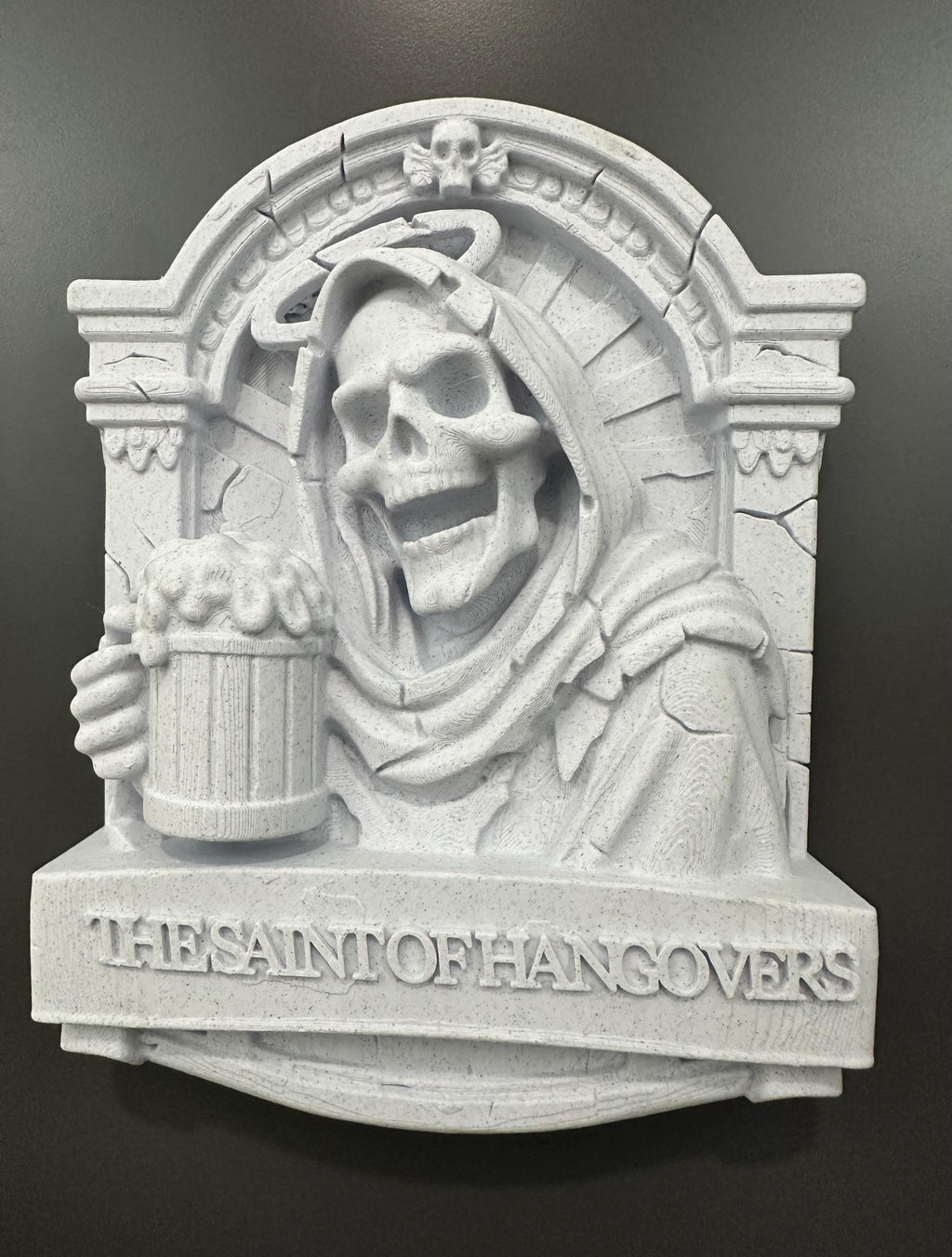Saint of Hangovers Wall Plaque - Gothic Bathroom Decor - Funny Skull Bar Art - Medieval Tavern Wall Sculpture - Man Cave Gift 9x7x2”